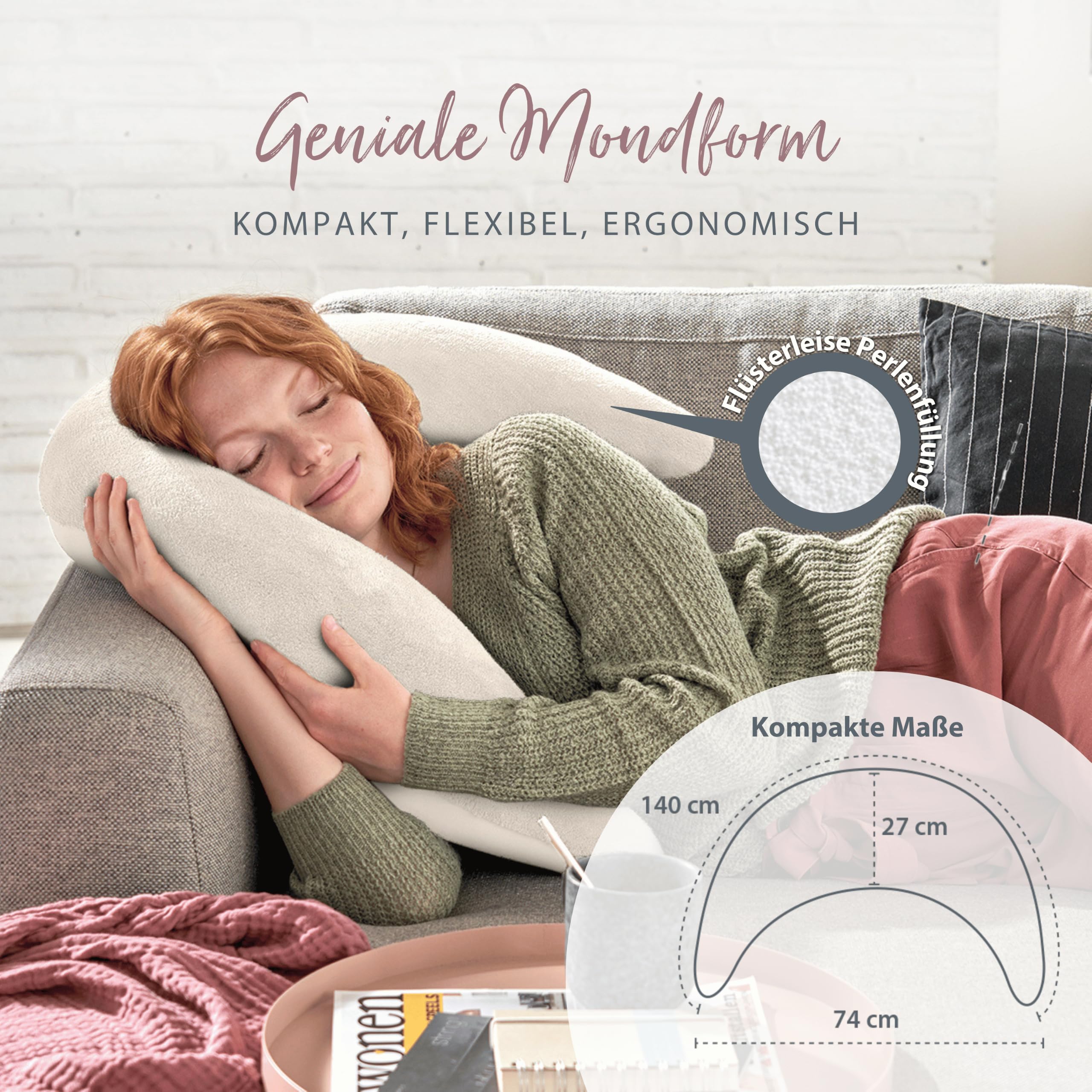Theraline Plüschmond Stillkissen, Kopfkissen und Nackenkissen mit Perlen, ergonomisches Kissen zum Stillen, Schlafen und Lesen, Stillmond mit Plüsch, Mondkissen waschbar bis 40°C Farbe: Creme