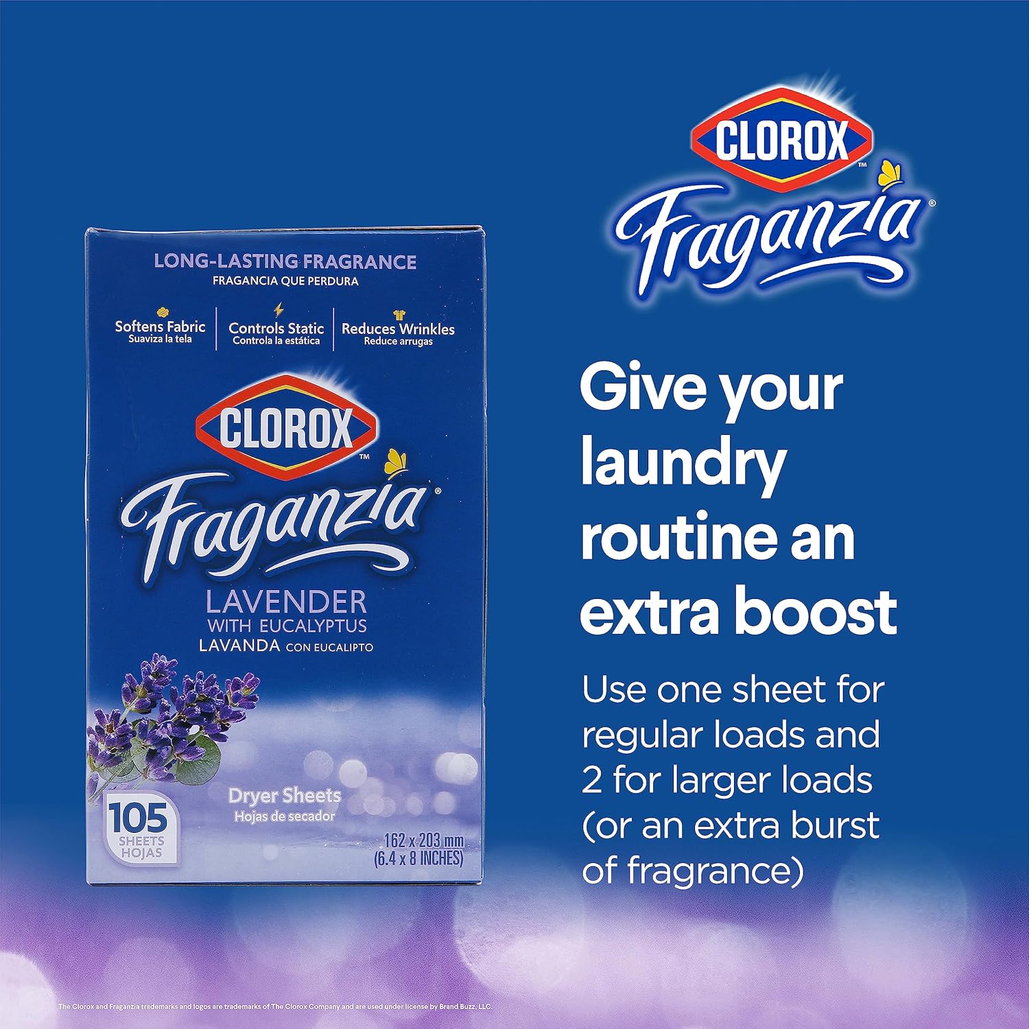 Clorox Fraganzia Fabric Softener Dryer Sheets, Wrinkle Reducing and Anti Static Laundry Dryer Sheets for Great Smelling Clothes, Softens Fabrics, Lavender with Eucalyptus Scent, 105 Count - 6 Pack