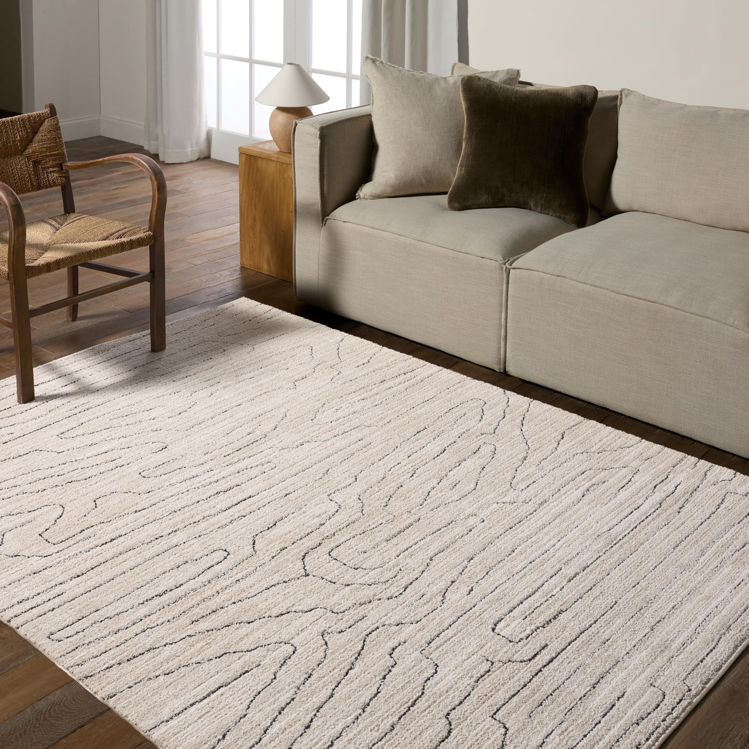 Soft 5x8 Area Rug, Easy Care, Modern, Abstract Cream Living Room Rug