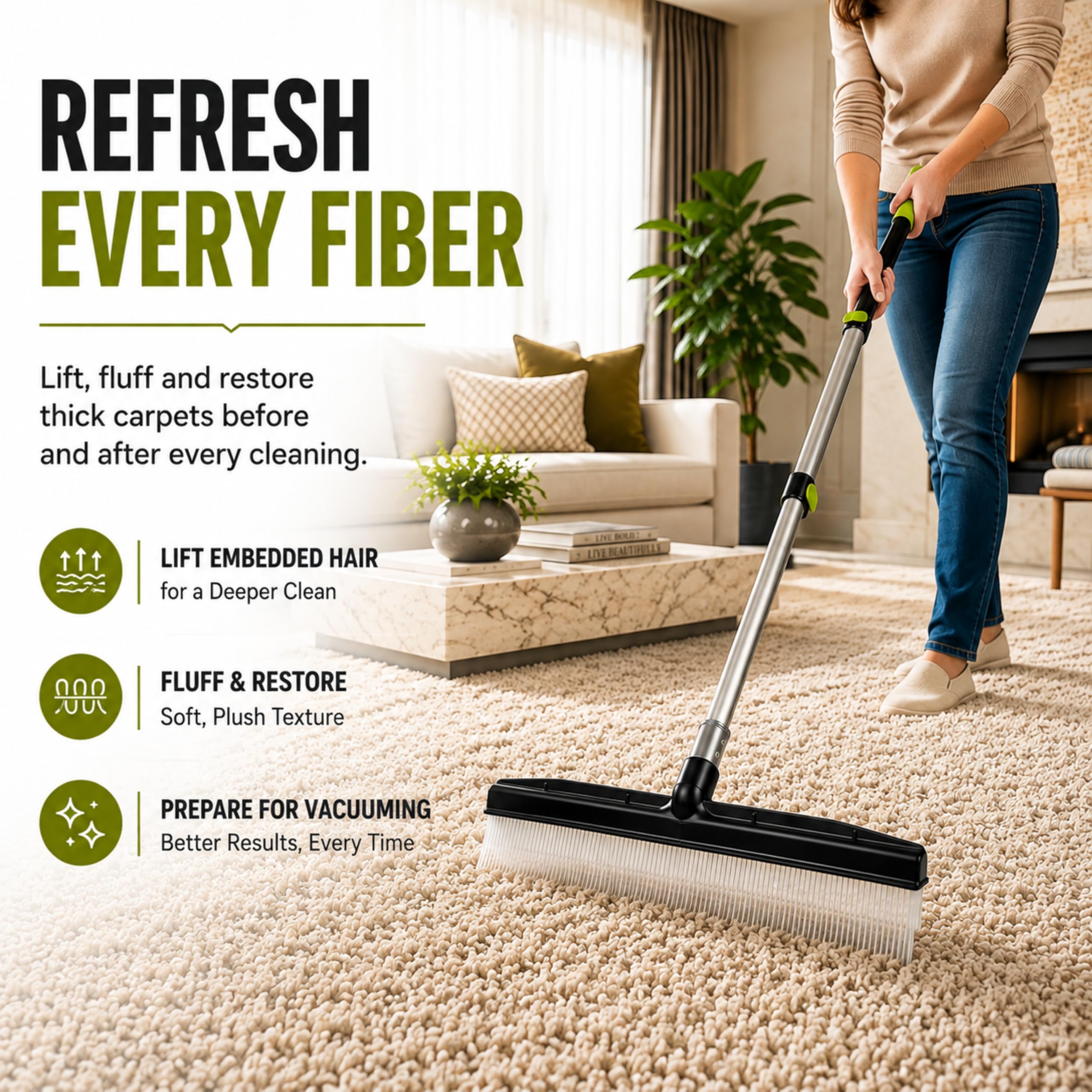 Râteau à Tapis et toiletteur avec poignée télescopique réglable de 137 cm, Design Portable, Brosse à Moquette, idéale pour Les Poils d'animaux, Les Tapis à Poils Longs, Les Tapis et Le Gazon