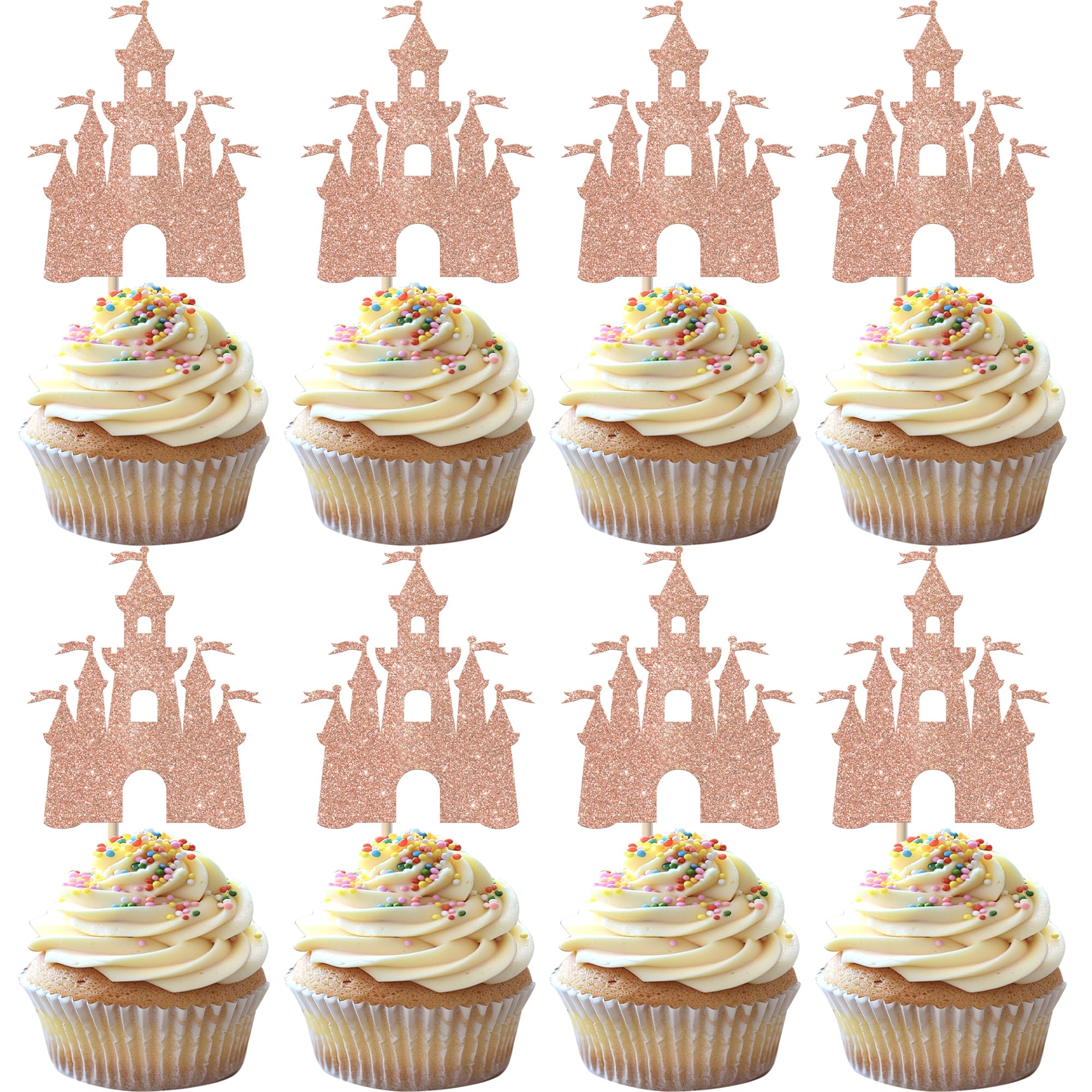 Xsstarmi 24 Pack Castle Cupcake Toppers Sticks Glitter King Queen Prince Princess Castle Cupcake Picks for Baby Shower Kids Birthday Party Cake Decorations Supplies Rose Gold