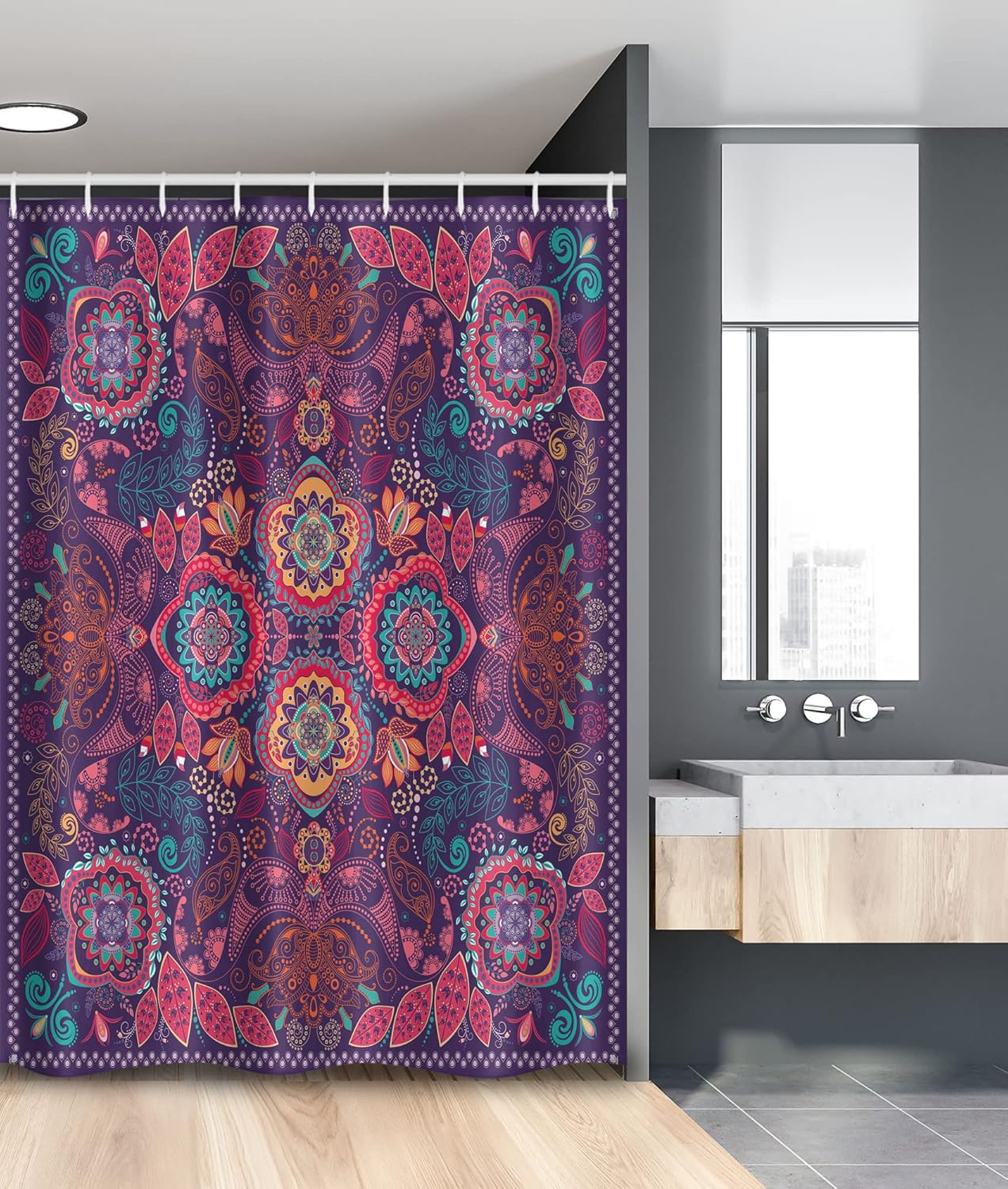 Ambesonne Paisley Stall Shower Curtain, Modern Classic Design with Dots Leaves and Flowers Print, Fabric Bathroom Decor Set with Hooks, 54" W x 78" L, Multicolor Plum