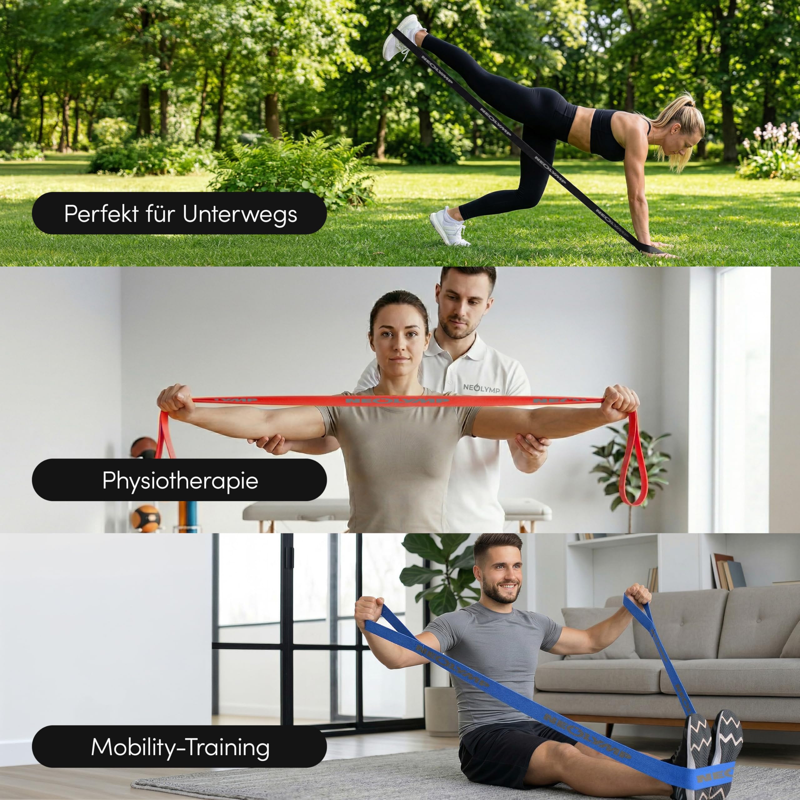 NEOLYMP Fitnessband mit Schlaufen – Premium Fitnessbänder Stoff für Krafttraining zuhause – Widerstandsbänder Krafttraining mit Griff & Level System – Resistance Bands Gymnastikband waschbar