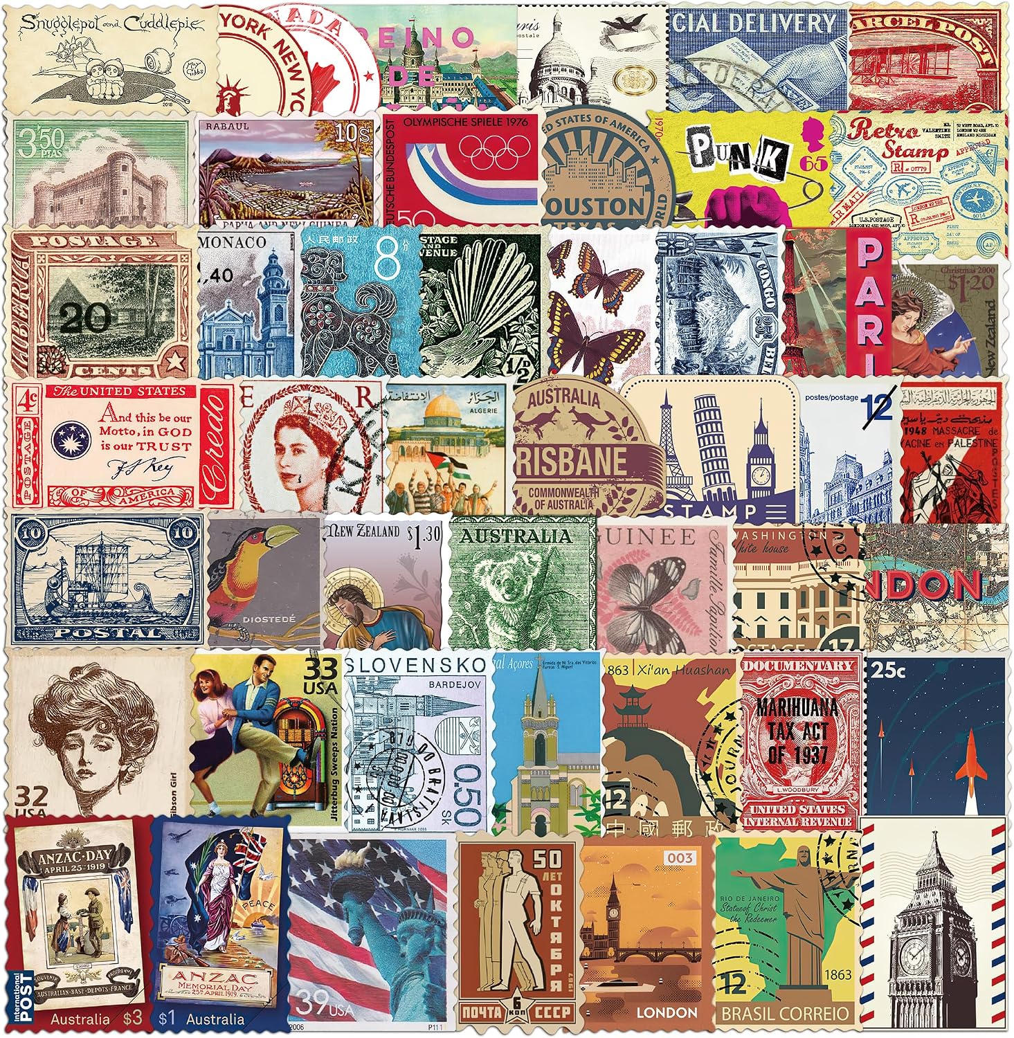 Vintage Travel Stamp Stickers, Retro World Journaling Postage Sticker for Planner Laptop Scrabooking, 50 PCS Waterproof PVC Decals for Envelope-A12