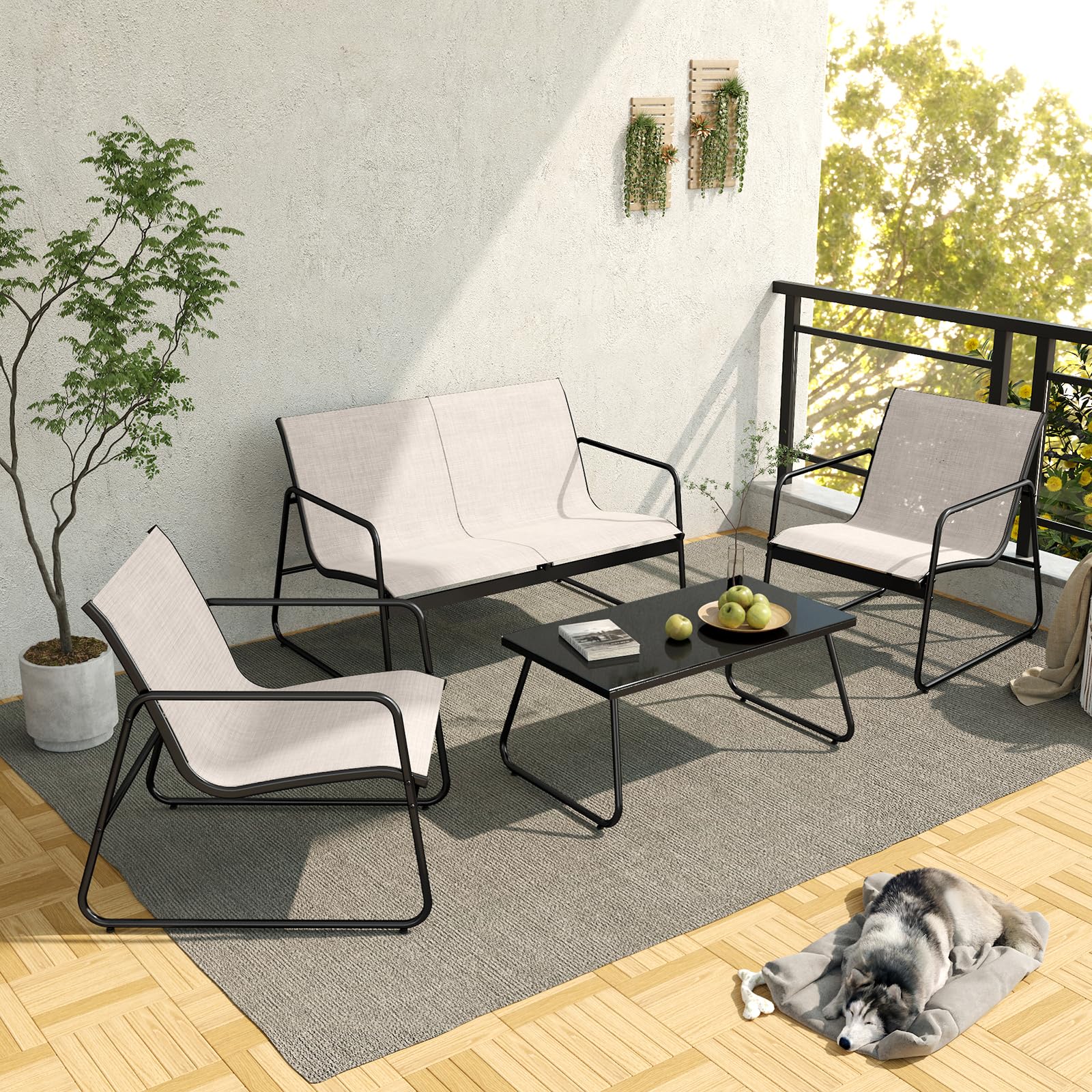 Grand patio Gartenmöbel Set 4-TLG, Textilene Balkonmöbel Set mit Tisch, Sofa und 2 Stühlen, Stahl, Sitzgruppefür Garten, Balkon, Außen (Beige)