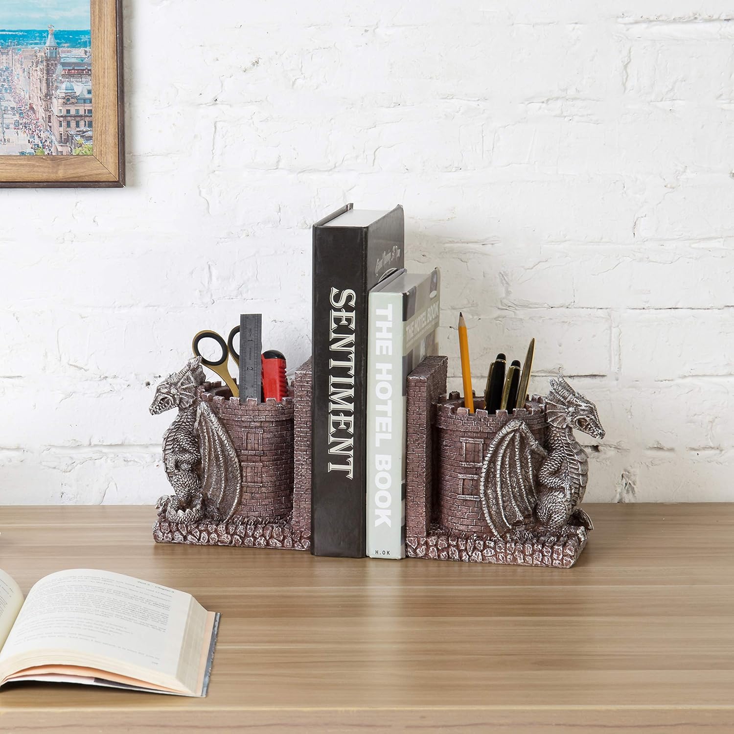 Bookends Dragon,Guard Castle Resin Decorative Bookends for Heavy Books with Pencil Holders, Fantasy Themed Book Holder for Home and Office
