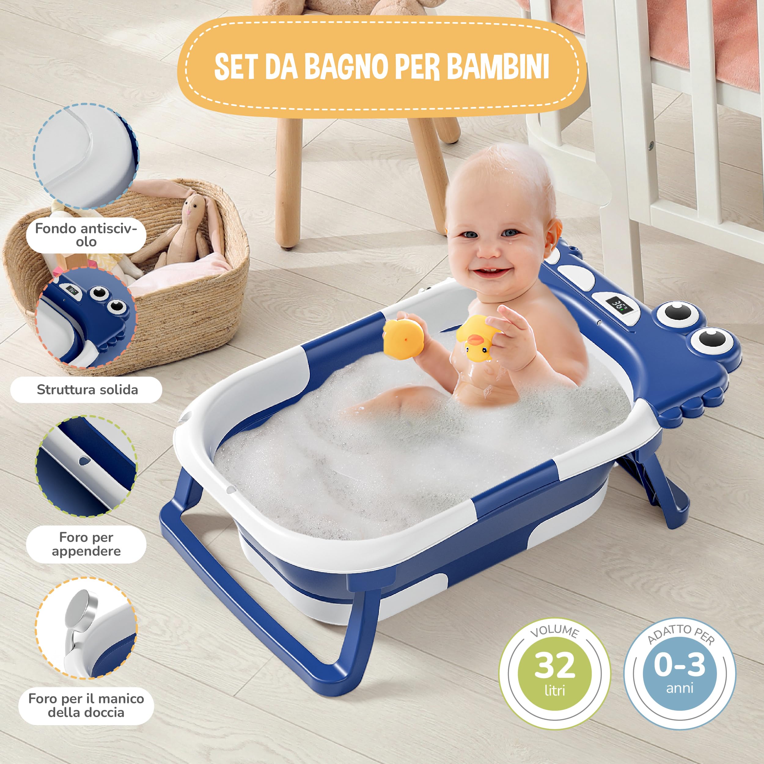 SUPERBE BEBE Vaschetta Pieghevole Con Cuscino Da Bagno E Termometro Incorporato-Vaschetta Per Bambini Con Supporto Da Bagno Gratuito-Regalo Di Nascita Ideale Per Bambine O Bambini-Dalla Nascita