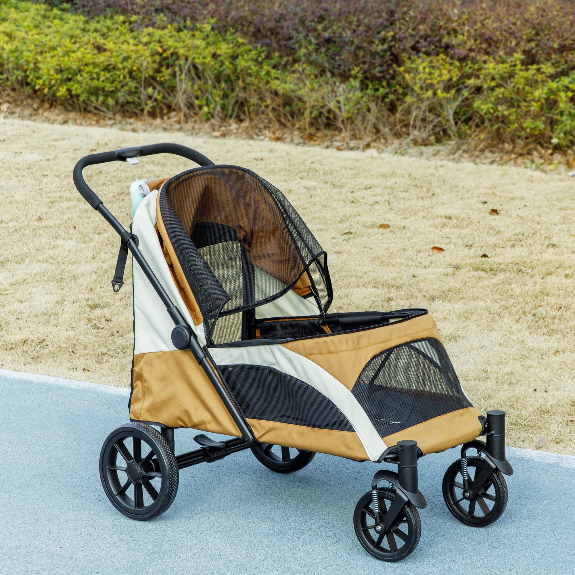 PawHut Poussette pliable pour grands chiens et chats jusqu'à 30 kg - Avec coussin, fenêtres en filet, portes, sac de rangement - Marron