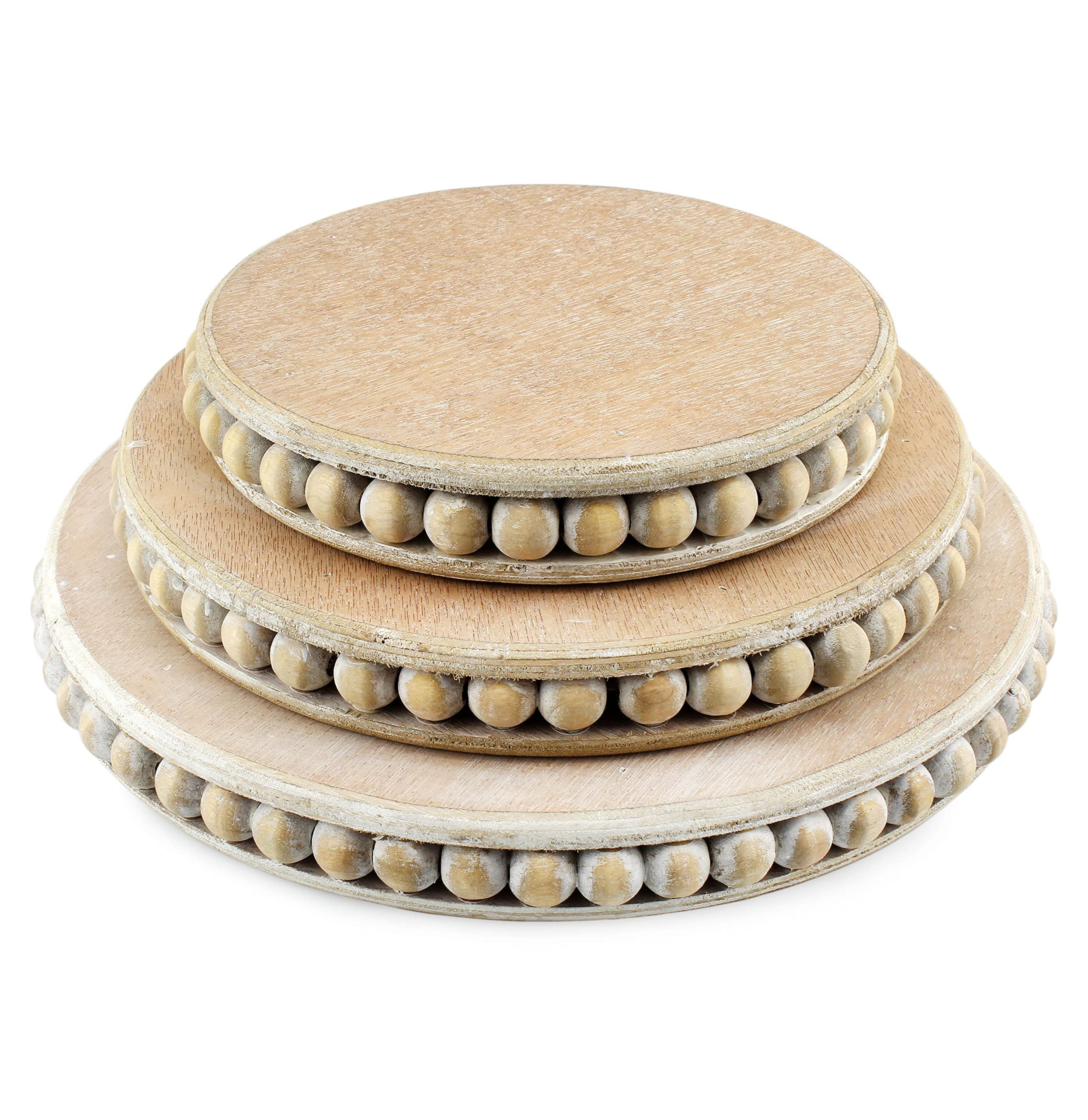 AuldHome Design Farmhouse Beaded Pedestal Tiered Stands (3-Piece Set, Unfinished); Rustic Wood Beaded Tray Stack
