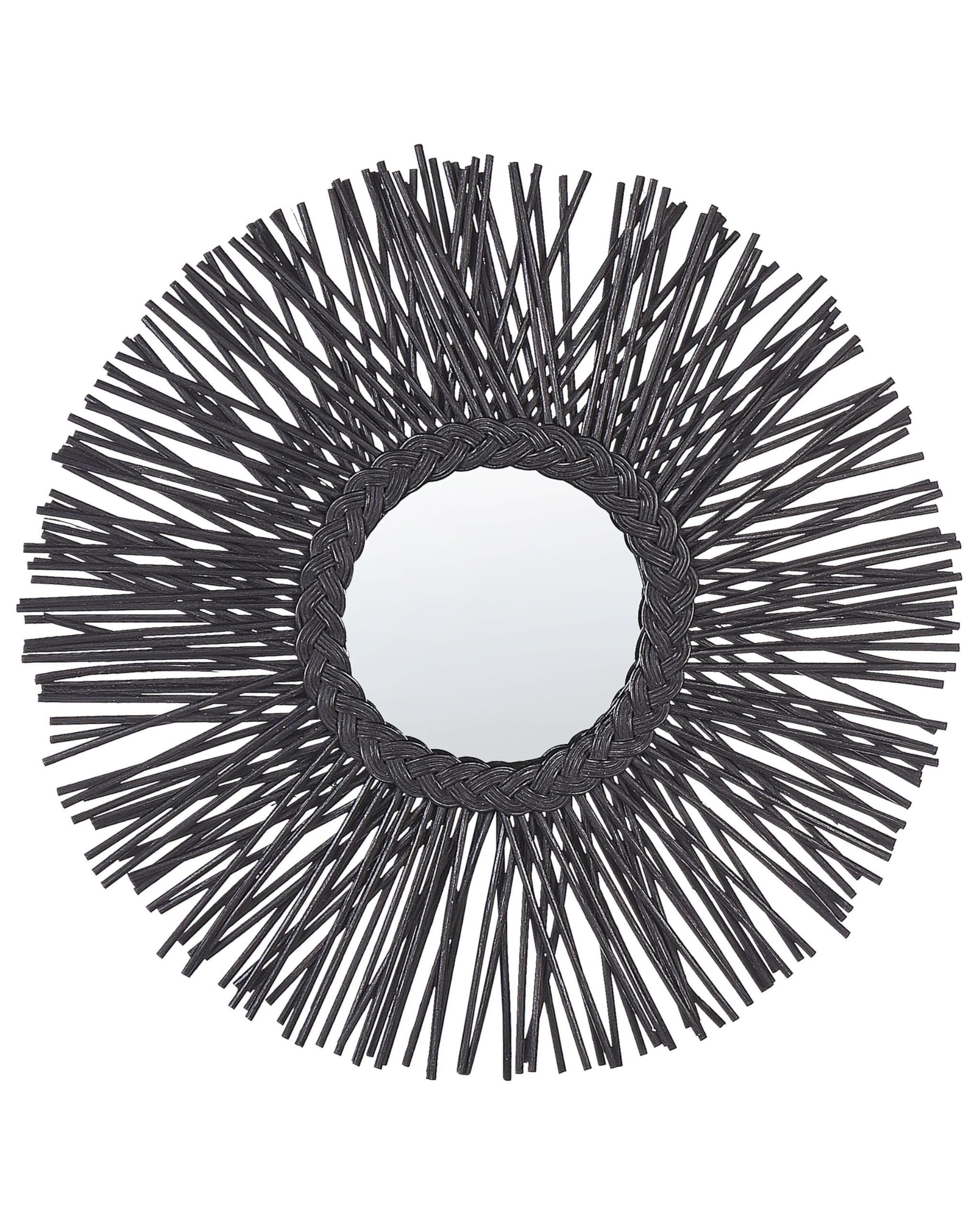 Beliani Black Round Modern Rattan Frame Wall Mirror Sunburst Braid Ø 60 Cm Kalasin
