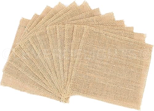 CleverDelights Cuadrados de arpillera de 6 pulgadas - Paquete de 12 - Arpillera de yute premium - Bordes acabados