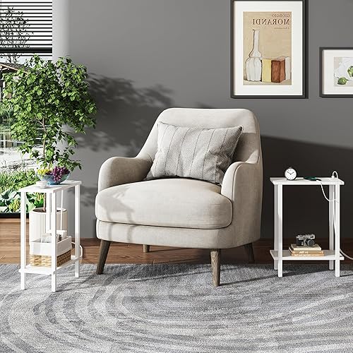 Miniatura 6 de TUTOTAK Mesa auxiliar pequeña con estación de carga, mesa auxiliar estrecha con puertos USB y tomacorrientes, mesa de sofá delgada, mesita de noche