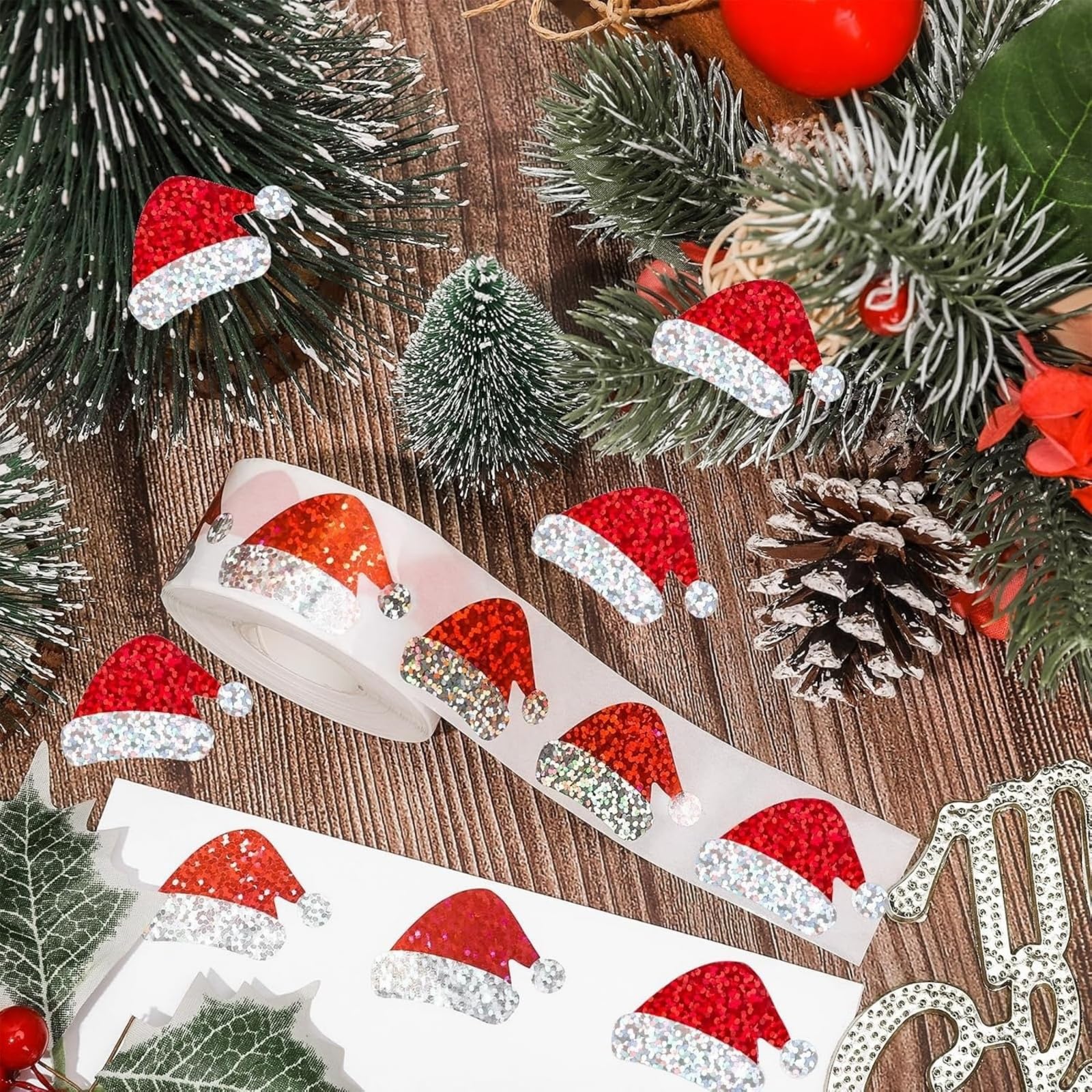 Christmas Hat Laser Stickers, 500Pcs Self-Adhesive Decals for Decor Party Supplies and Gift Wrapping