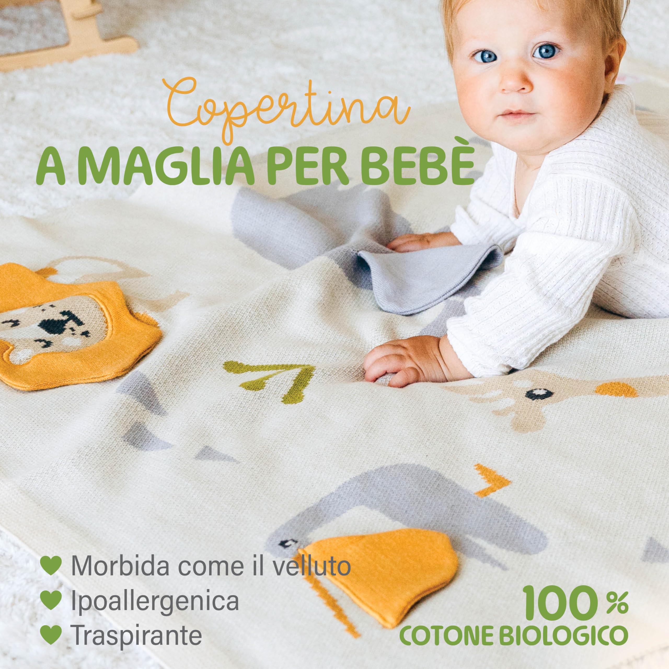 Merle Toys® Coperta Neonato Cotone, Copertina Neonato Cotone Estiva e Inverno, 100% Biologica, Interattiva, Morbida e Termoregolatrice, Certificata GOTS, OEKO-TEX 100, 80x100cm, Amici della Savana 3D