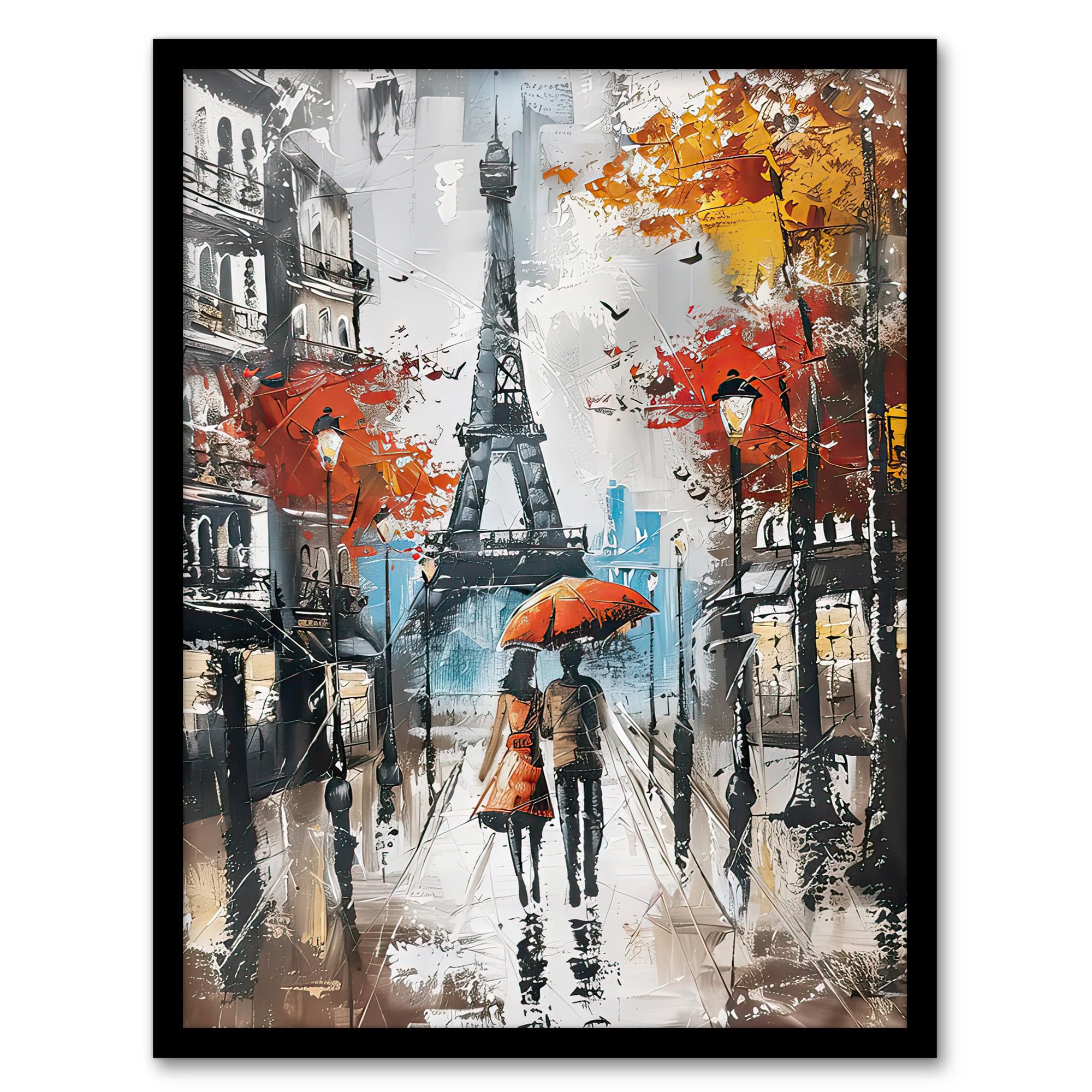 Artery8 Umbrella Lovers Abstract Autumn Paris Cityscape Living Room Artwork Framed Wall Art Print 18X24 Inch