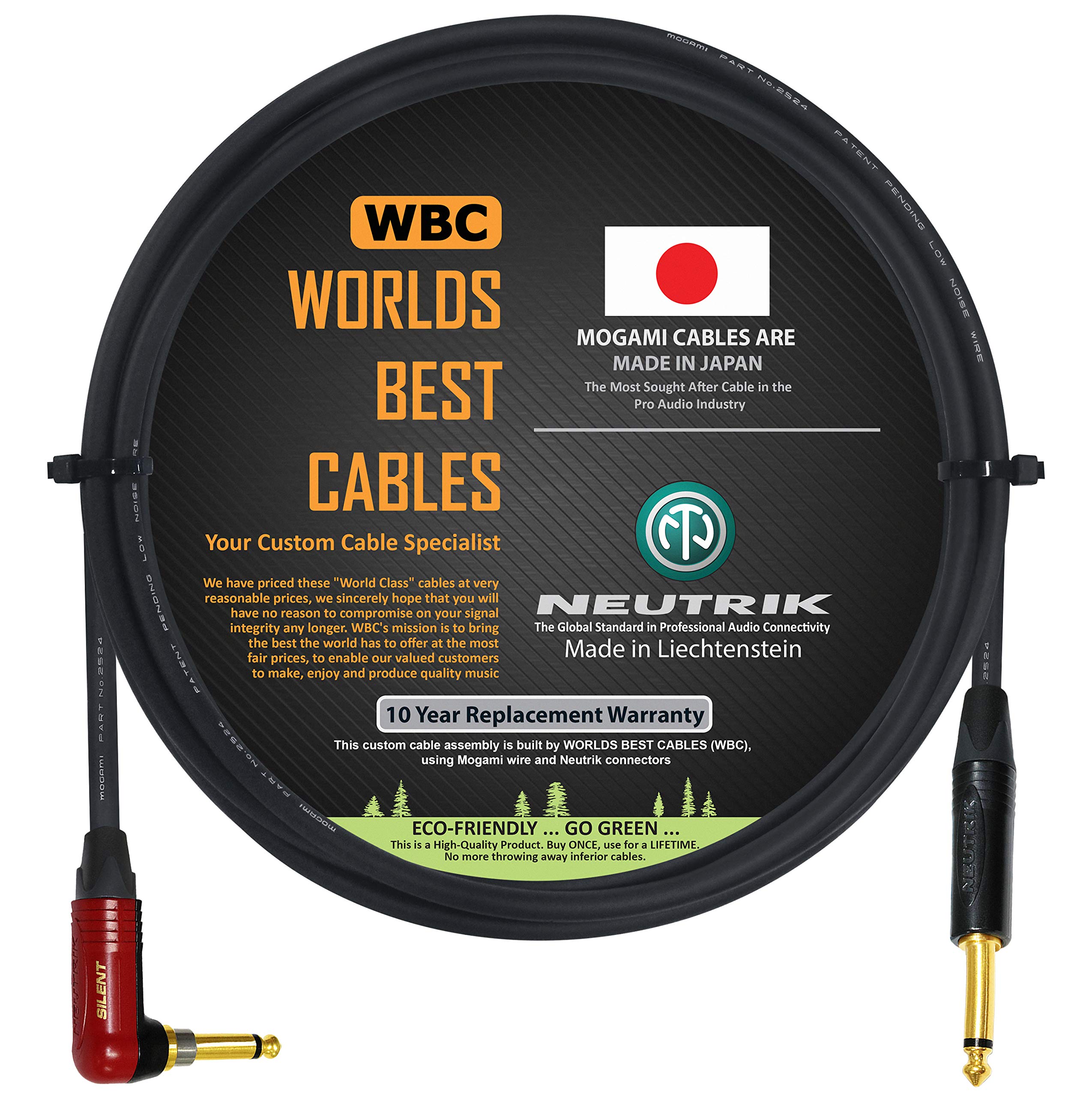 2 Meter – Guitar Bass Instrument Cable CUSTOM MADE By WORLDS BEST CABLES – using Mogami 2524 wire and Neutrik NP2RX-AU-SILENT & Neutrik NP2X-B ¼ Inch (6.35mm) TS Plugs