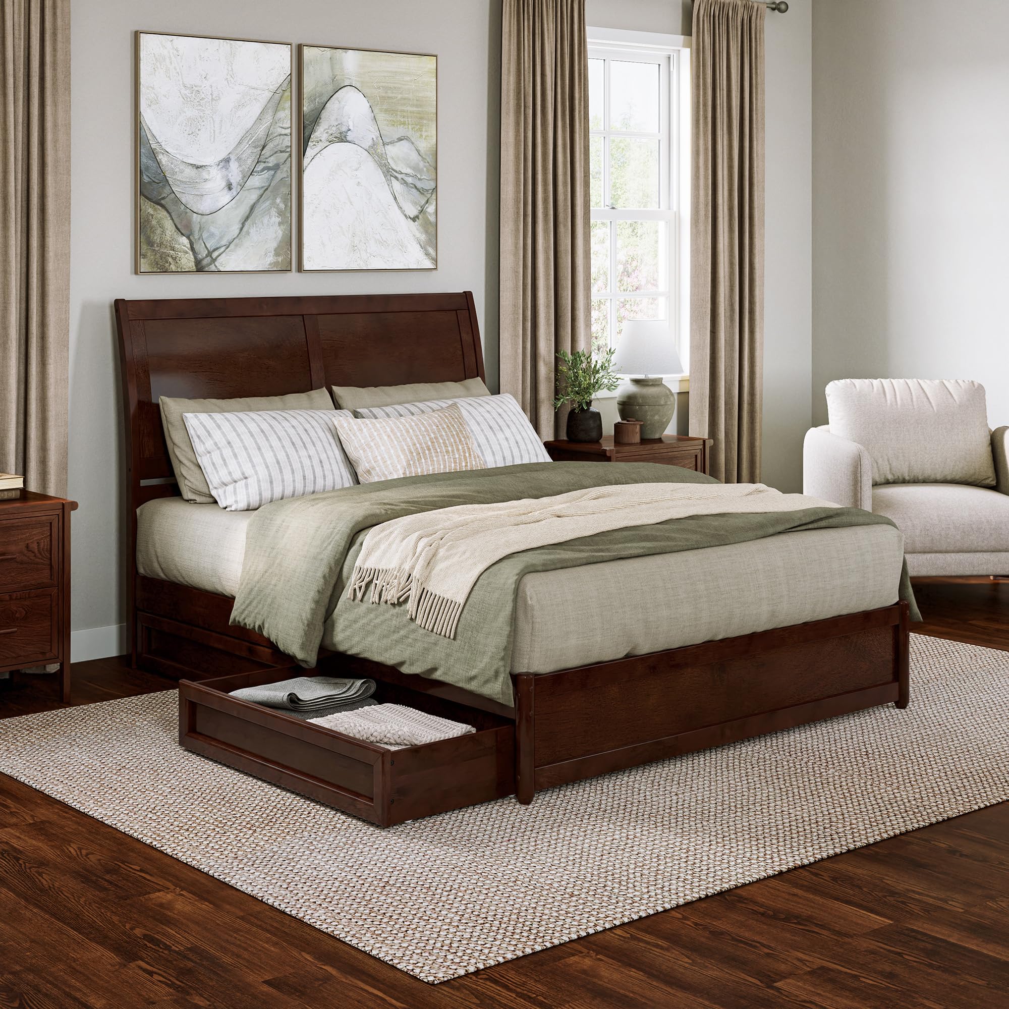 AFI, Andorra Queen Platform Bed with Panel Footboard & Storage Drawers, Walnut