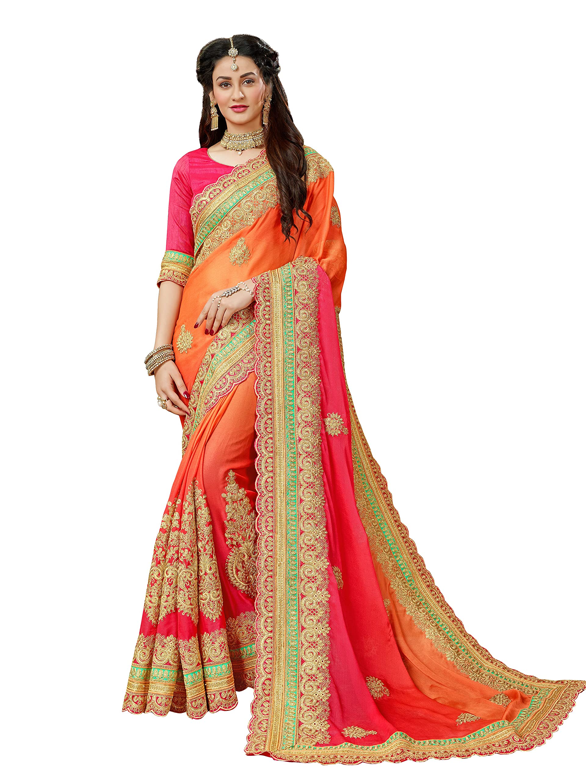 MANOHARI Traditional Women's Chiffon Heavy Embroidery Ombre Shade 5.5 Meter Saree With Unstitched Dhupion Silk 0.8 Meter Blouse Piece (MN360-1_Orange)