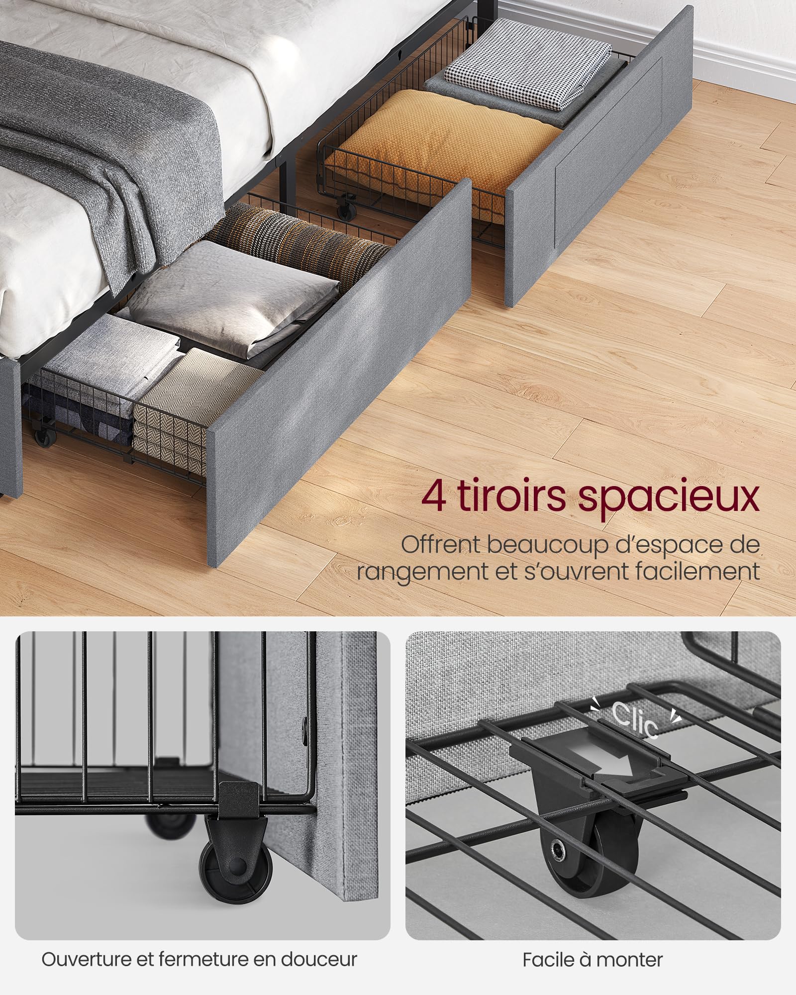 Cadre De Lit Double VASAGLE Avec Tiroirs Et LED - 140x190 Cm, Blanc Mat, Multiprise USB
