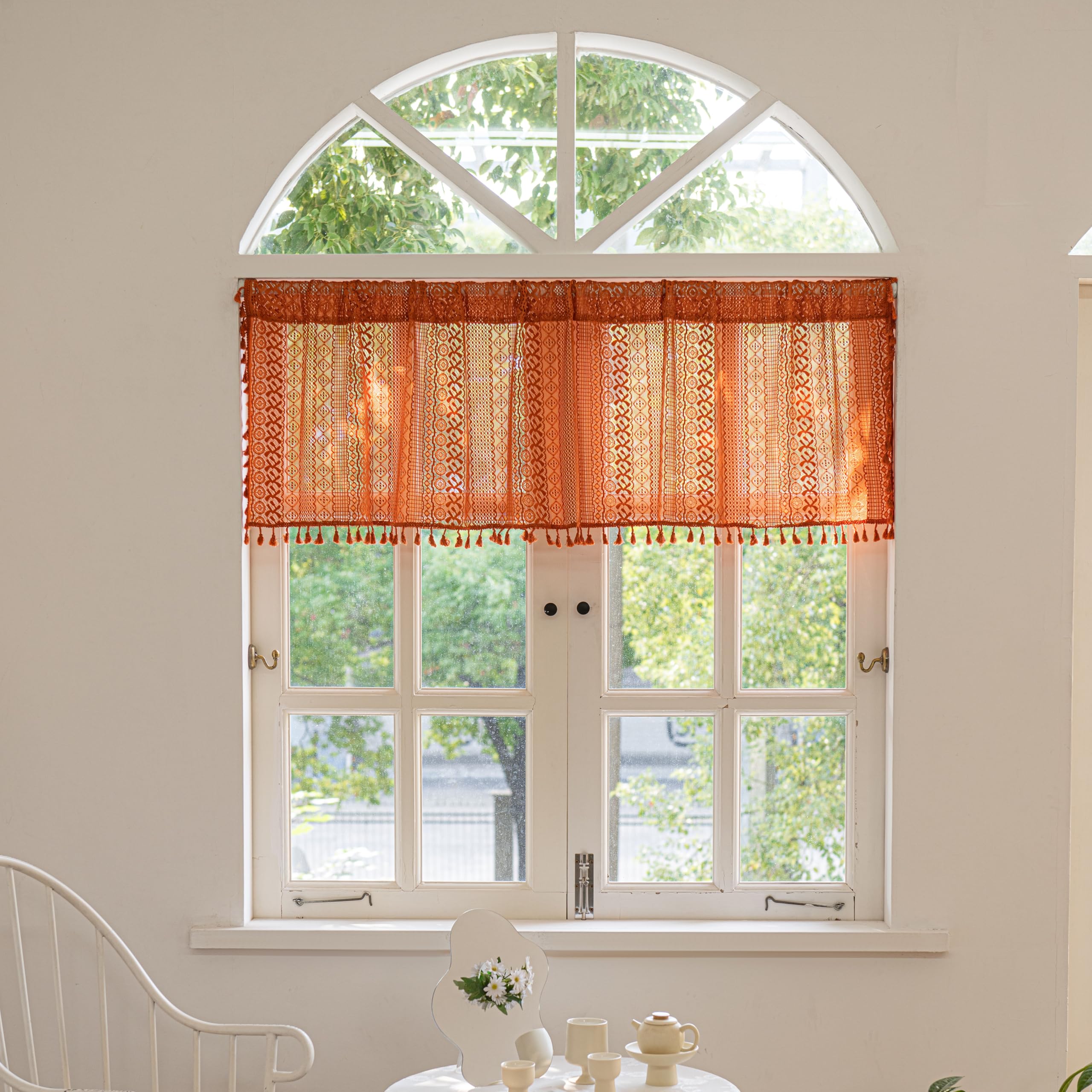 Sutuo Home Boho Valance Short Curtains for Kitchen Crochet Lace Sheer Bohemian Hollow Knitted with Tassels, Privacy Vintage Rustic Farmhouse Drapes, Rod Pocket 1 Panel 59" W x 18" L, Orange