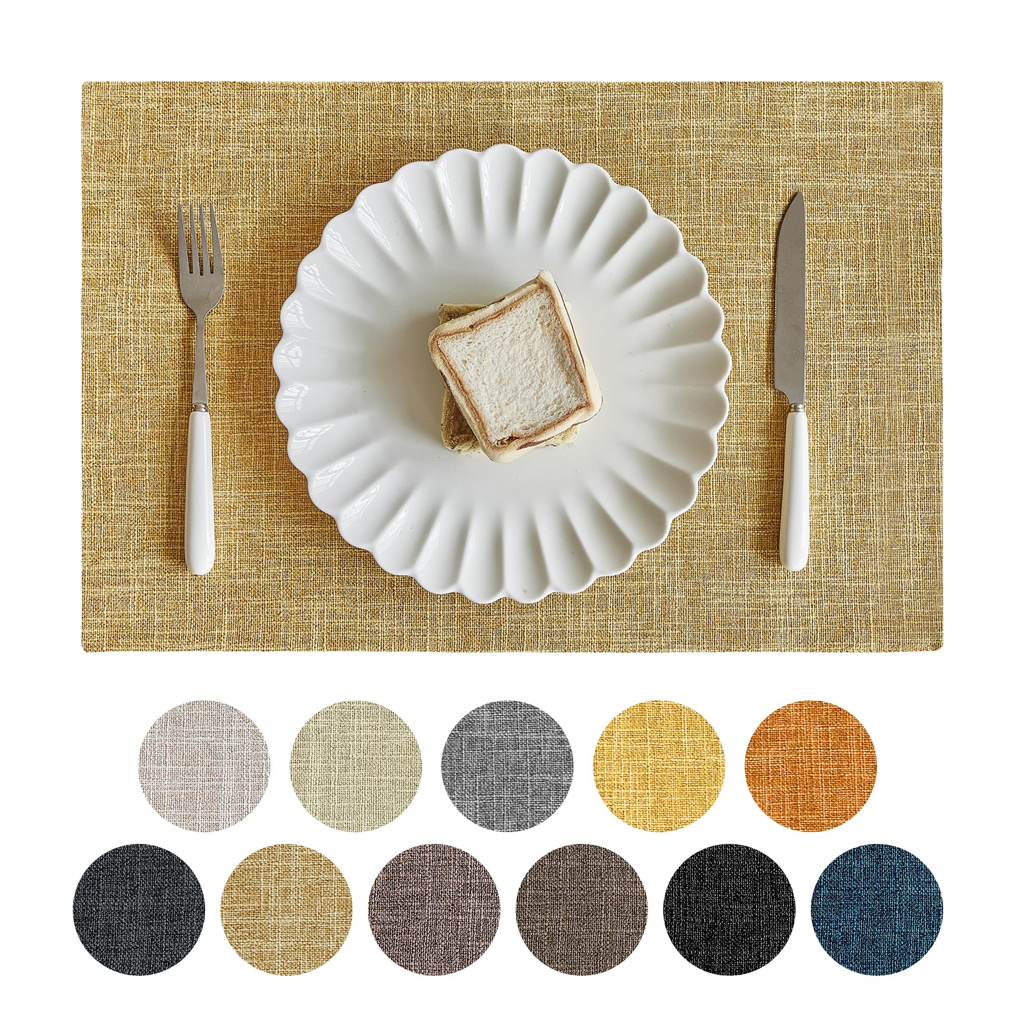 Softalker Faux Linen Placemats Set of 6-12 x 18 Inch, Heat Resistant Double Layered Durable Burlap Farmhouse Place Mats, Non-Slip Washable Rustic Table Mats for Dining, Kitchen, Party（Khaki