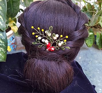 Papillon Hair Brooch, Women's handmade Juda/bun Hair accessories for wedding and festival celebration, Red flowers, glass seed beads, pearls, crystals, gold plated, PHS003R, Pack of 2