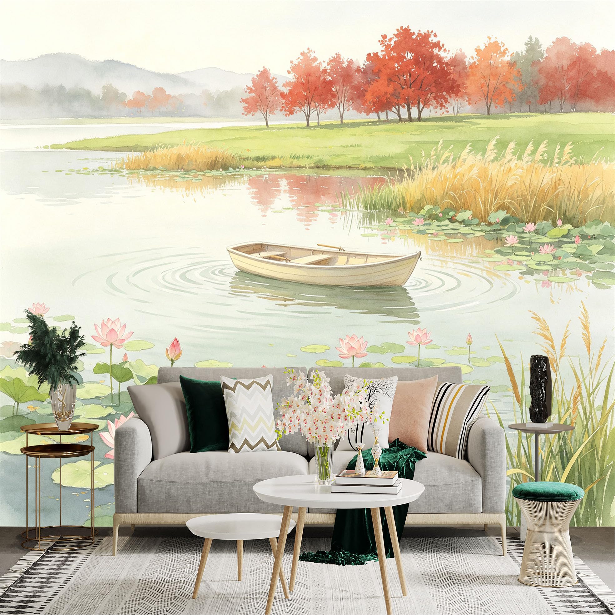 Custom Size Wall Sticker Mural， Watercolor Lotus Pond with Small Boat， Peaceful Nature Landscape， for wall Decoration， peelandstick wall Decals.