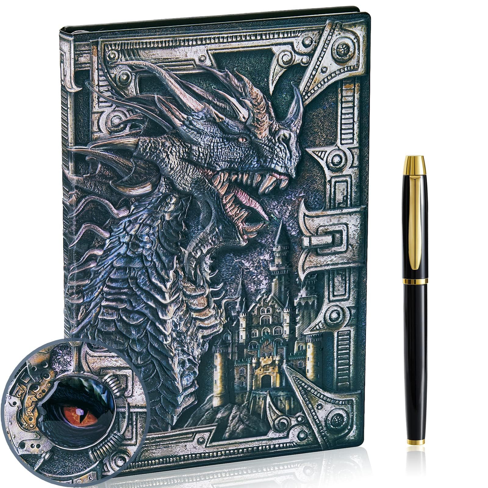 – KASTWAVE Dragon Notebook 3D Embossed Leather Journal A5 Vintage Travel Journal with Pen, Handmade Daily Diary Lined Writing Notebook for Men & Women