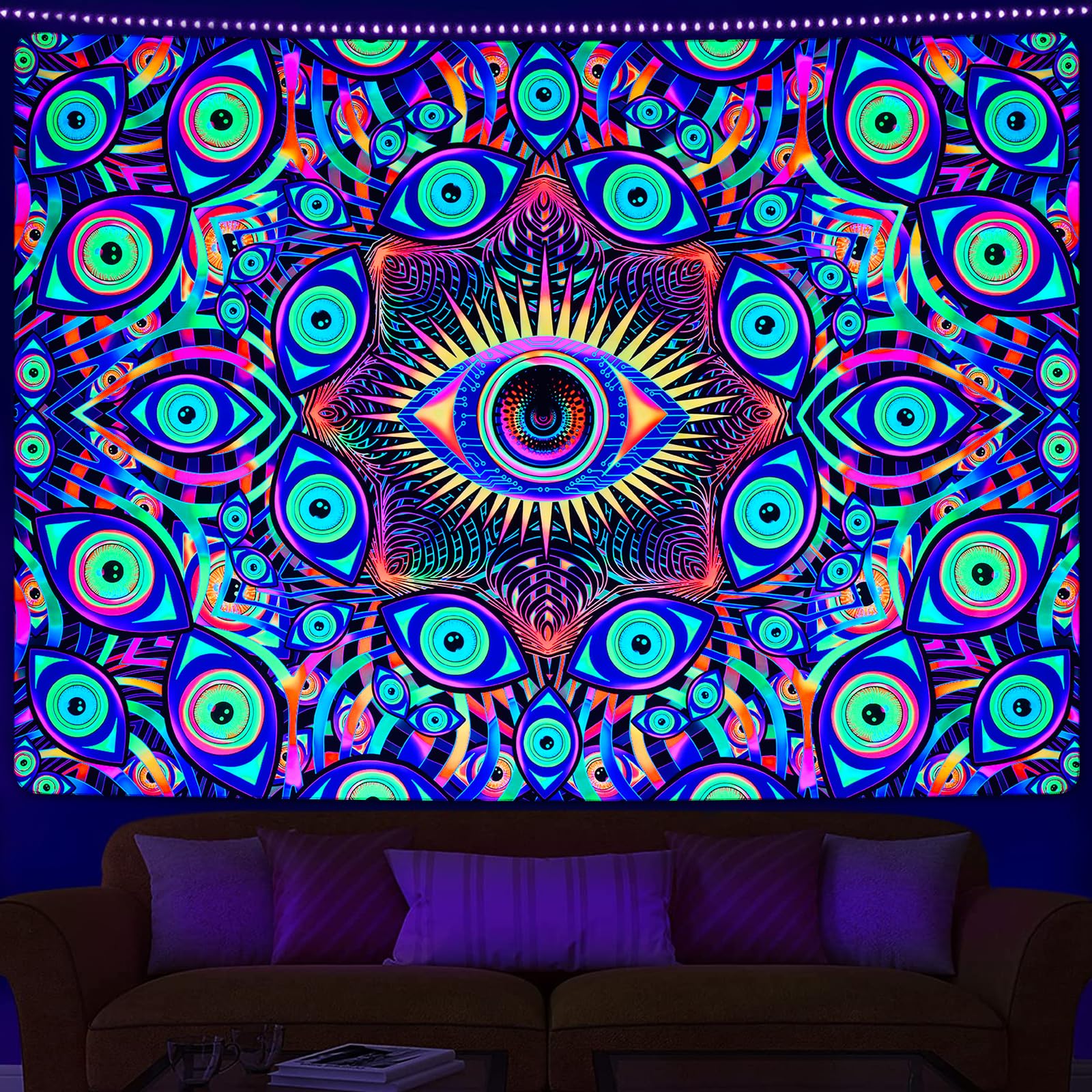 Uspring Blacklight Eyes Tapestry Boho Mandala Tapestries Hippie UV Reactive Wall Tapestry Large Colorful Tapestry Wall Hanging Trippy Abstract Tapestry for Bedroom (51.2 x 59.1 inches)