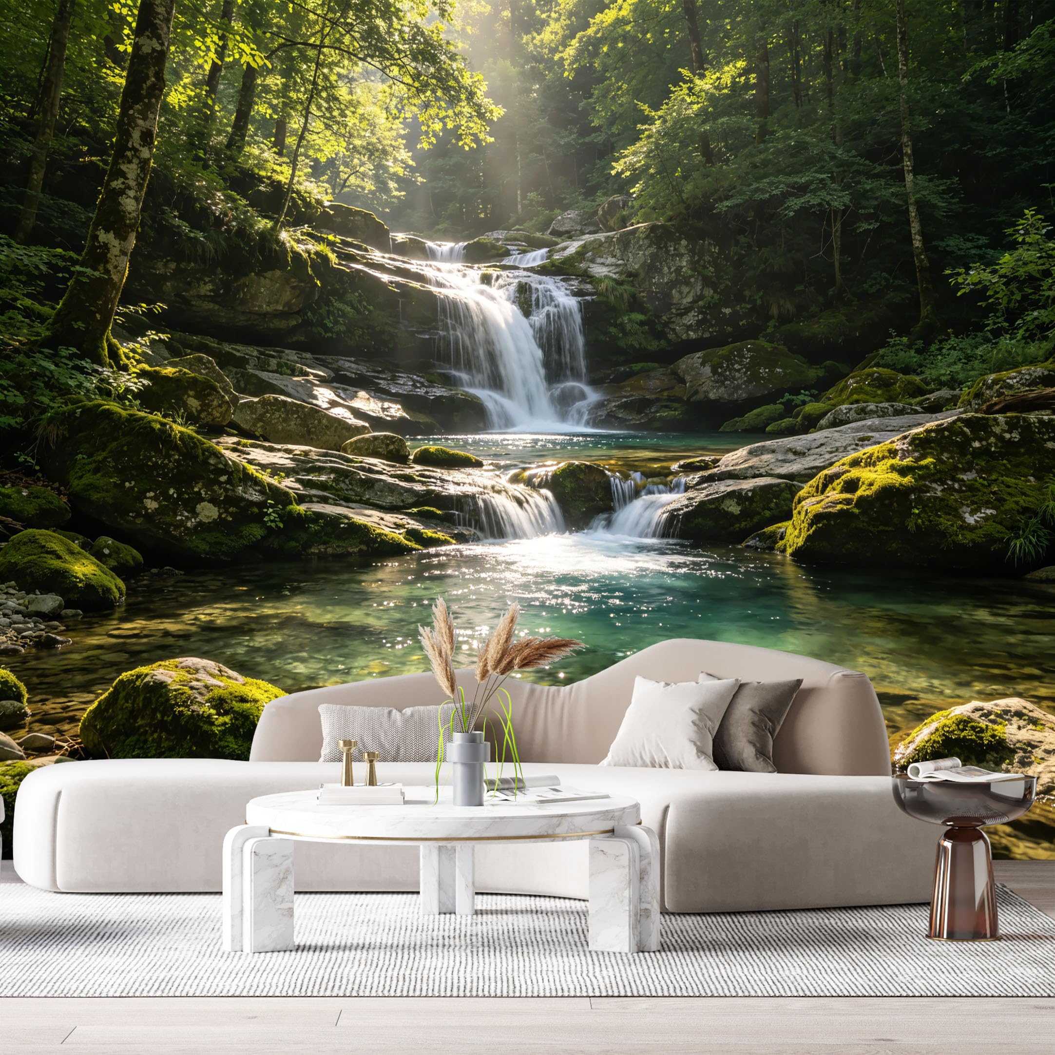 Custom Size Wall Murals Forest Waterfall Landscape Sunlight Stream Rocks Green Woods SelfAdhesive Wall Fabric Removable Large Wallpaper for Photo Living Room