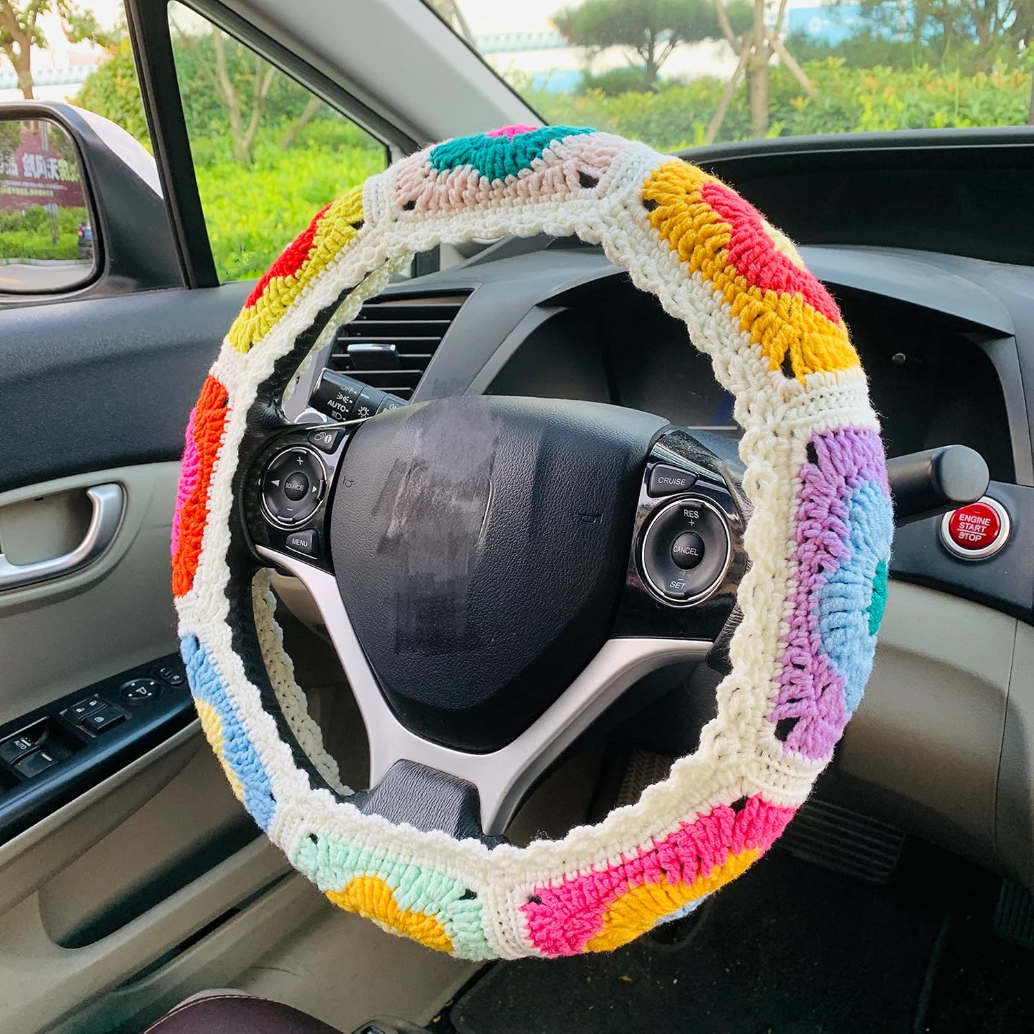 Handmade Multicolour Crochet Steering Wheel Cover Flower Seat Belt Cover. (Steering Wheel Cover)
