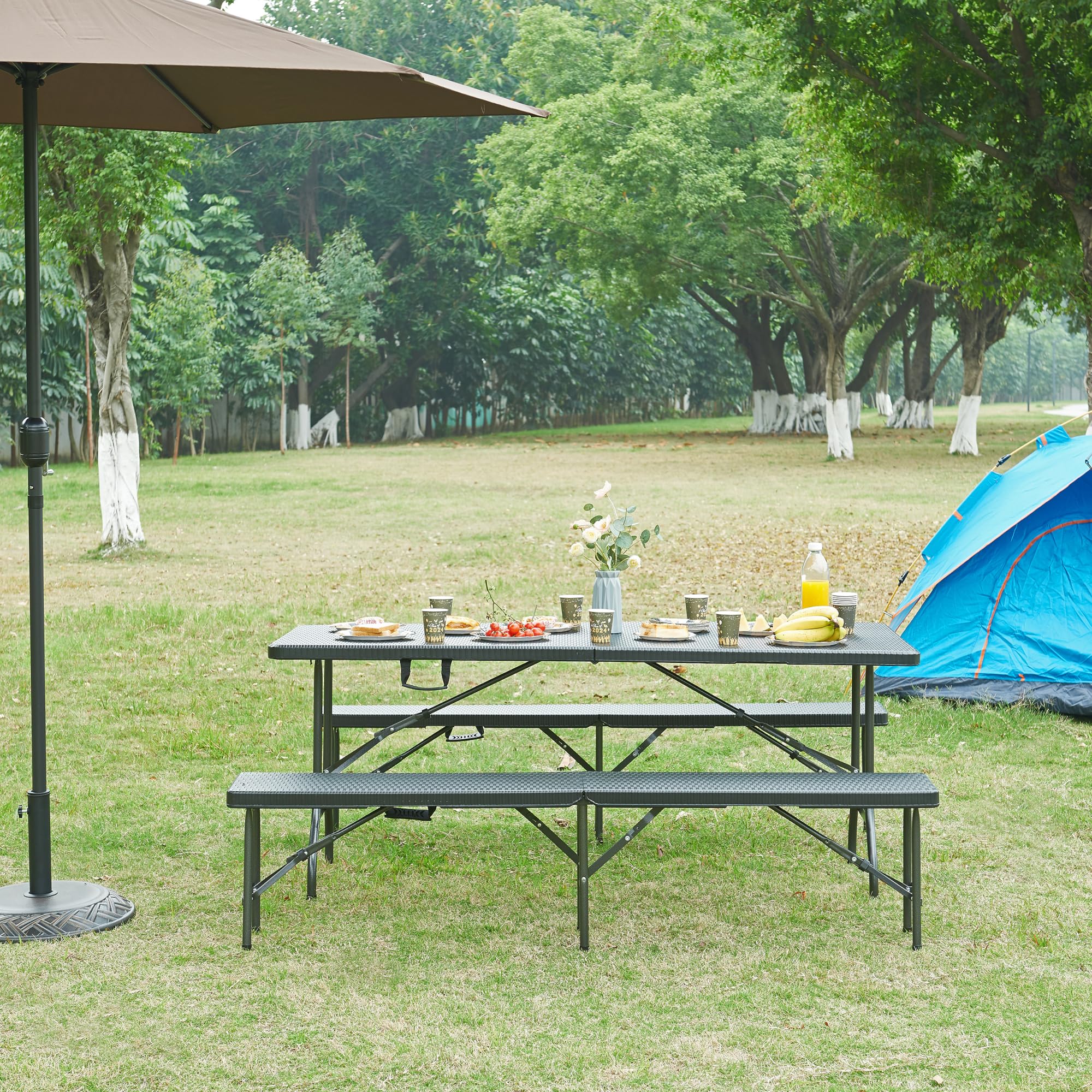 [en.casa] pro.tec składany stół piknikowy Camping przenośny stół do użytku na zewnątrz metalowa rama i blat plastikowy stół 180 x 75 x 72 cm czarny efekt rattanu