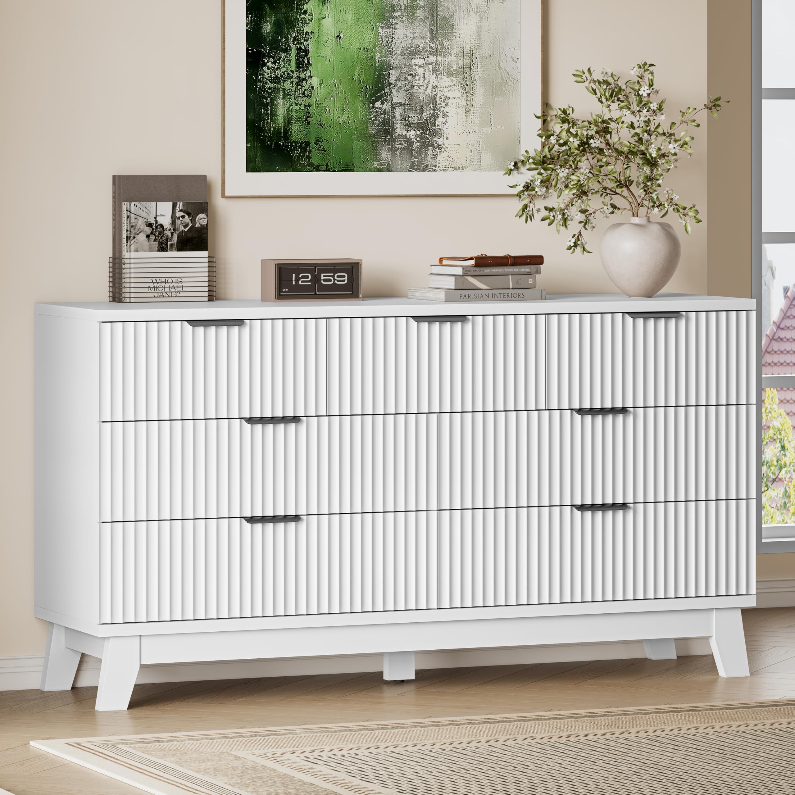 BORNOON 57" Long Dresser for Bedroom, 7-Drawer Fluted Chest, Wide Wood Storage Dresser with Metal Slides and Handles, Stable Base, Modern Clothes Organizer for Primary Suite, Guest Room, Nursery