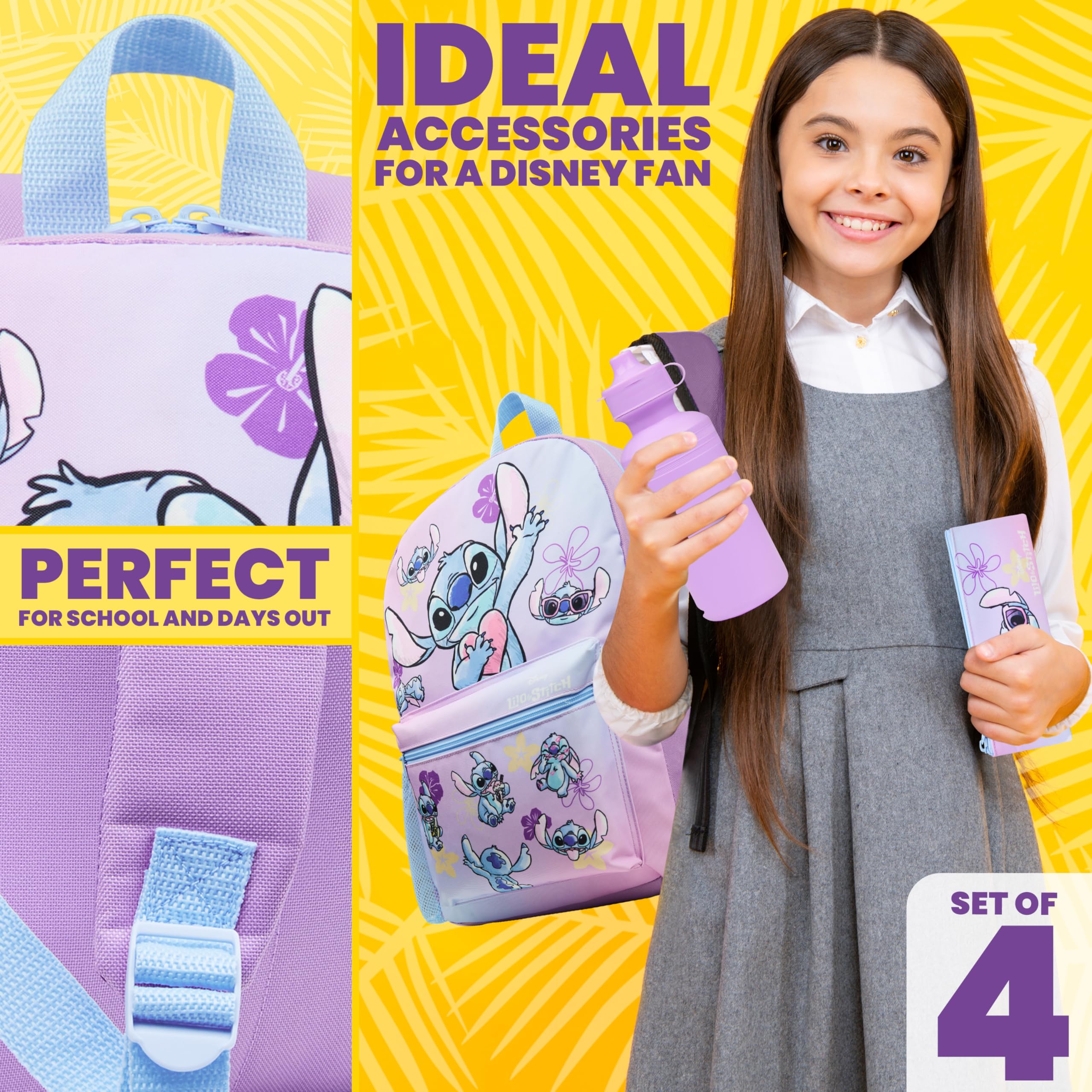 Disney Stitch Mochila Escolar Niña Adolescente Chica con Estuche Infantil Botella de Agua y Bolsa de Almuerzo Set de Material Escolar 4 Pzs
