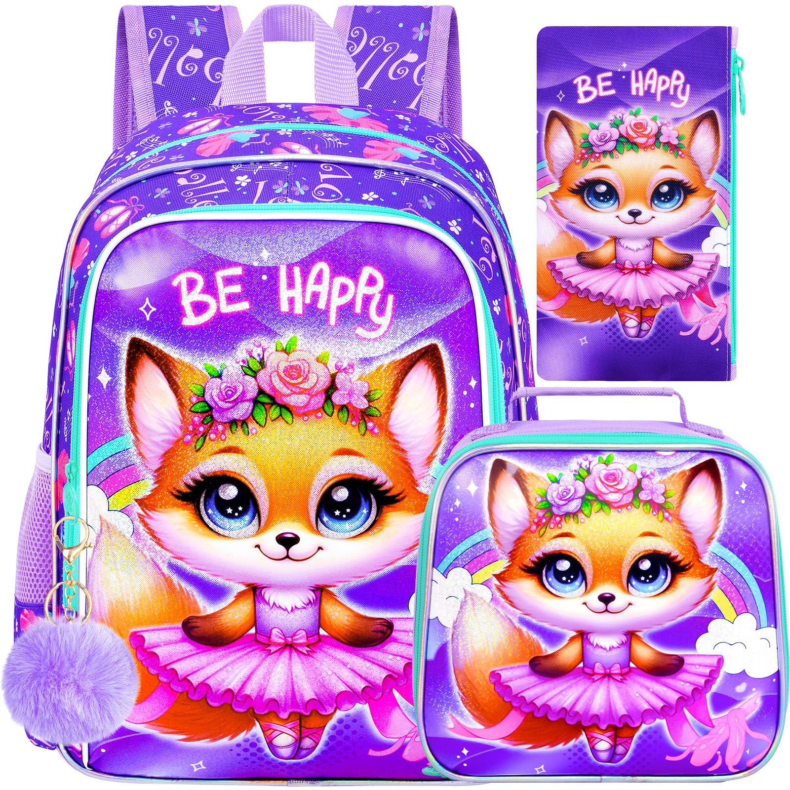 CCJPX 3PCS Kids Backpack for Girls,16 inch Fox Ballet Preschool Backpacks Set, Cute Ballet Water Resistant Kindergarten School Bookbag for Elementary Kids Travel