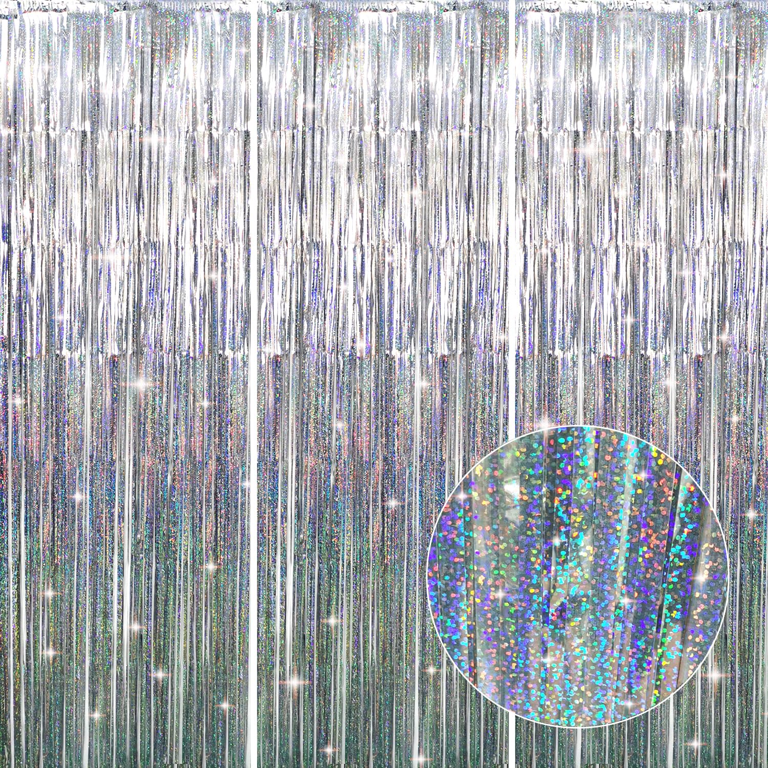 GOER 3.2 ft x 8.2 ft Metallic Tinsel Foil Fringe Curtains Party Photo Backdrop Party Streamers for Birthday,Graduation,New Year Eve Decorations Wedding Decor (3 Pcs, Shiny Silver)