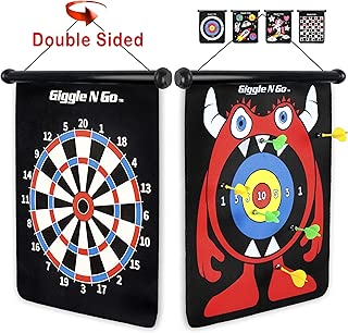 GIGGLE N GO Magnetic Dart Board Game - Our Reversible Rollup Kids Dart Board Set Includes 6 Safe Darts, 2 Dart Games and Easily Hangs Anywhere - Ultimate in Indoor Games - coolthings.us
