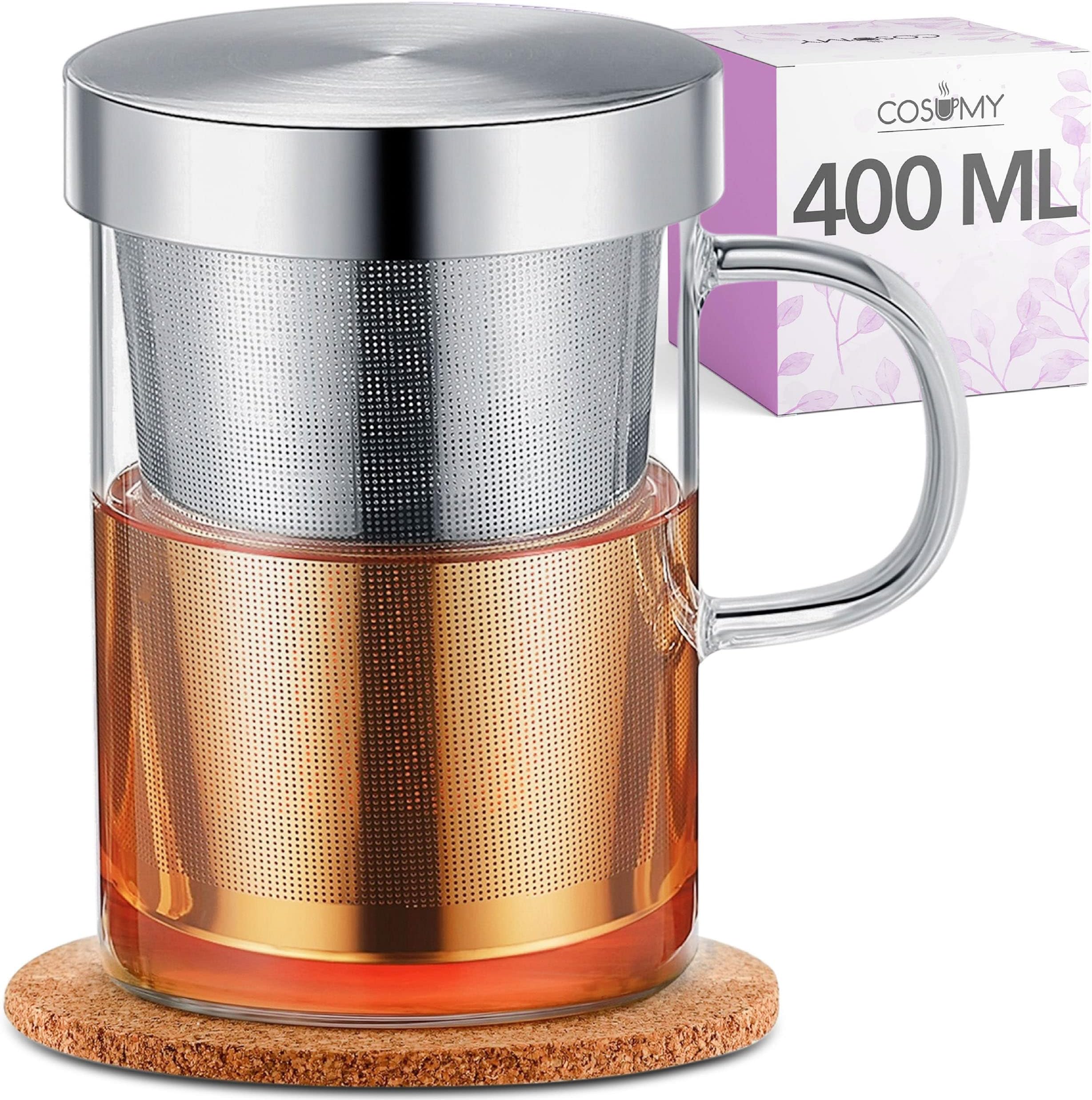 Cosumy Tea Cup with Strainer and Lid - Includes Coaster - Borosilicate Glass - Cup 400 ml Large