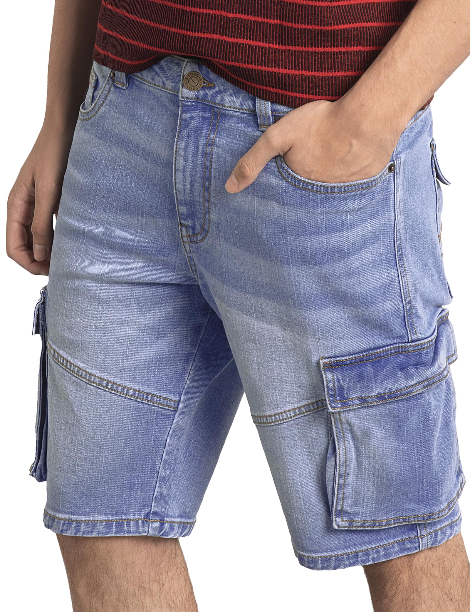 Enorsia Mens Blue Denim Cargo Shorts – Stretch Vintage Wash Jean Shorts with Multiple Pockets, Button & Zip Fly, Belt Loops – Casual Summer Workwear (Sky,38)