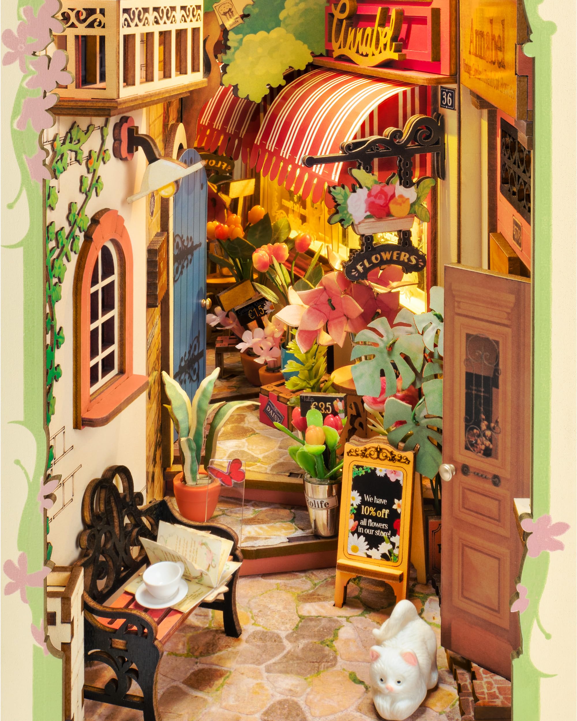 Rolife Book Nook Kit Miniature da costruire Diy Booknook Floral Corner 3d Puzzle Legno con Luci Decorazione Libreria Casa Modellismo da Costruire Adulti Diorama Modellismo TGB09