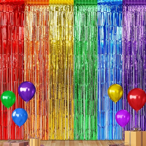 Paquete de 4 cortinas de papel de aluminio con flecos de 3.3 pies x 6.6 pies, decoración de telón de fondo de cortina de oropel metálico arcoíris