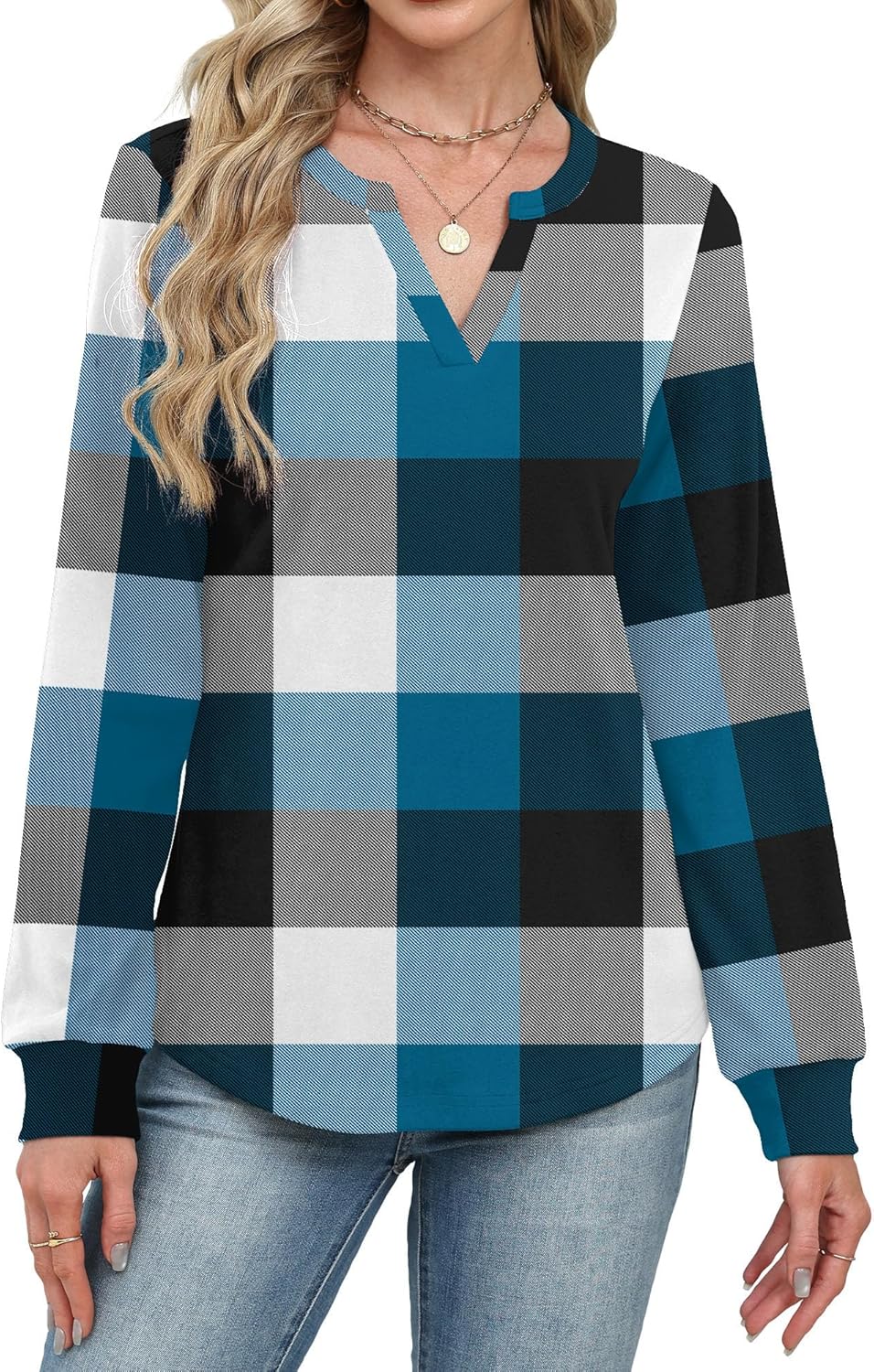 Gloria&Sarah Womens Casual Plaid Long Sleeve Shirts V Neck Fleece Tops Fall Winter Outfits - Image 2
