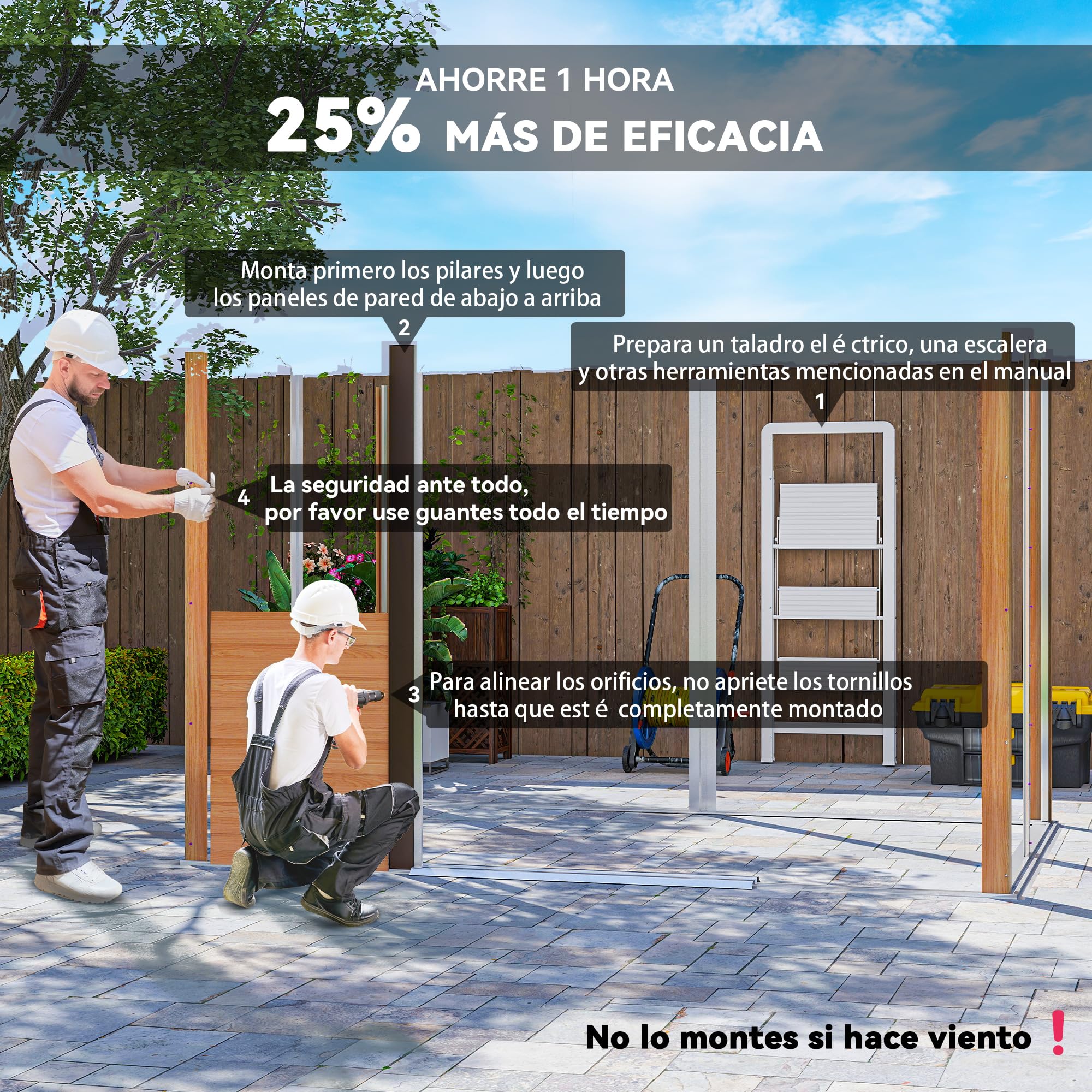 Outsunny Caseta de Jardín Exterior 4,84 m² 278x195x215 cm, Cobertizo de Jardín Exterior Metálica con 4 Ventanas y 2 Puertas Correderas, para Almacenaje de Herramientas, Madera Natural y Café