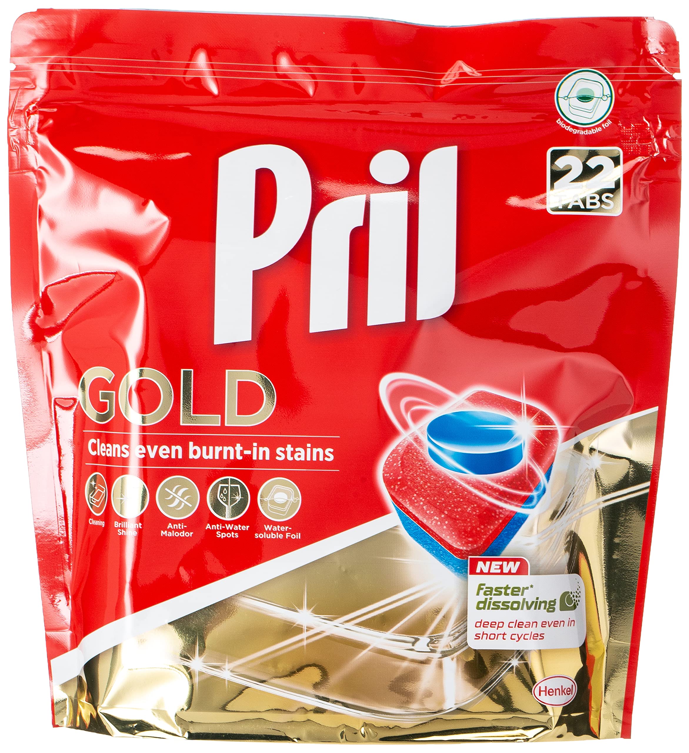 Pril Gold Automatic Dishwashing Tablets (8X 22 Tabs), Faster Dissolving Tab With Deep Clean And Action Against Burnt-In Stains
