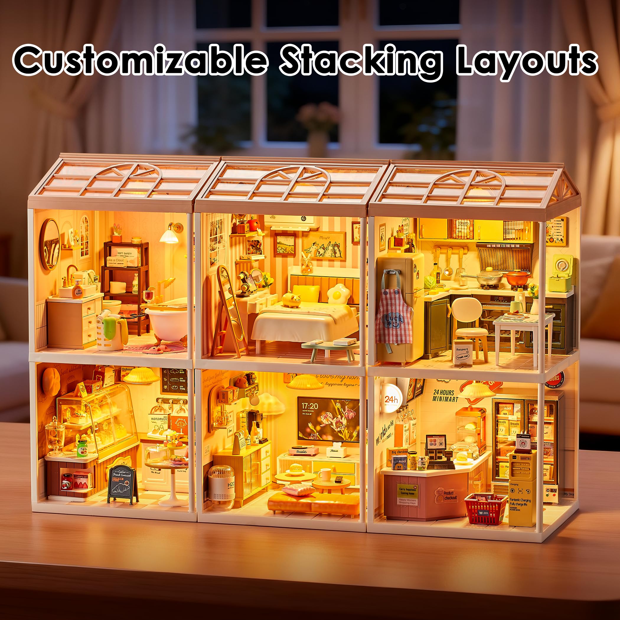 Lindo kit de casa en miniatura para gatos con techo y luz LED, kit de casa de muñecas apilable y conectable con puerta a prueba de polvo, regalo creativo para adultos y adolescentes