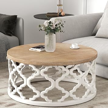 Round Coffee Table, 30 White Coffee Table with Distressed Finish, Unique Circle Coffee Table, Small Round Coffee Table for Living Room, Bedroom, Beige