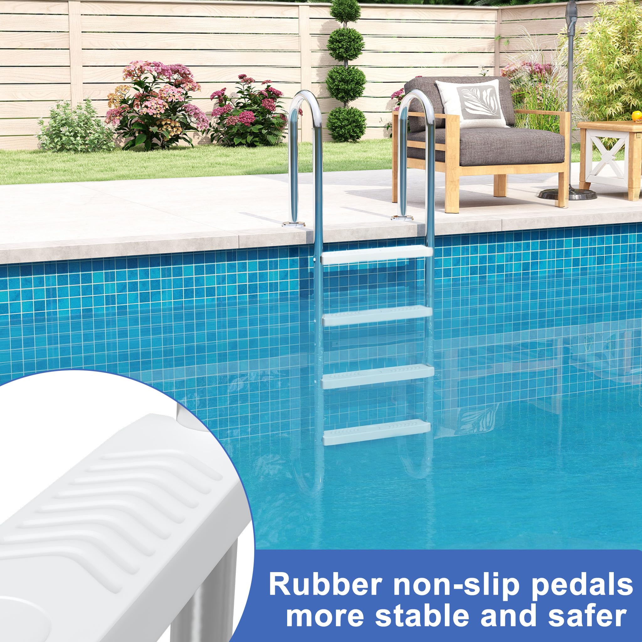 UISEBRT Échelle de piscine en acier inoxydable 304 | Échelle de piscine à 3 marches | 132 x 54 x 26,5 cm - Argent | Échelle de piscine avec antidérapant | Échelle d'accès pour piscine et bassin |