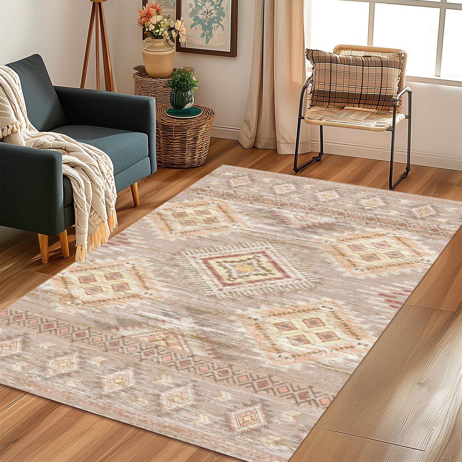 Washable Boho Western Area Rug 3' ×5' Geometry Khaki Brown Yellow Large Living Room Rug Non-Slip Soft Oriental Vintage Bedroom Carpet Colorful Dining