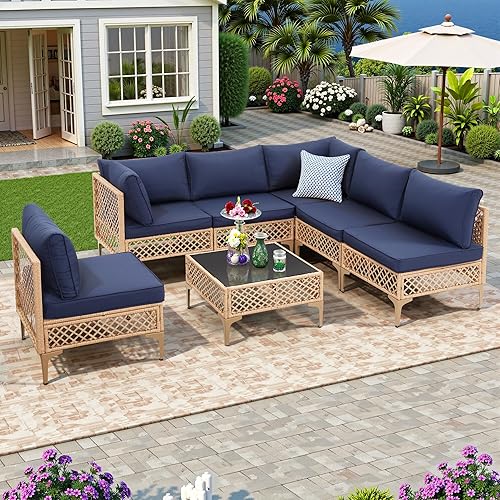 FHFO 7 Piece Outdoor Wicker Patio Furniture Set, Rattan Sectional Sofa Couch, Patio Conversation Set with Cushion & Coffee Table, for Backyard Poolside Porch Garden, Yellow/Blue