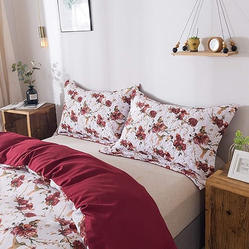 Miniatura 7 de Tache Floral Colibríes Borgoña, Marfil Antiguo, Vintage Farmhouse Spring Country Rustic Microfibra Reversible Rose Garden Funda de edredón
